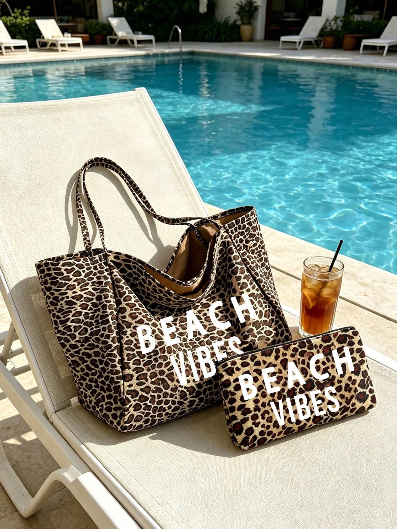 Large Capacity Leopard Print Beach Tote Bag With BEACH VIBES Lettering, Fashionable Shoulder Bag, Leopard Print Makeup Bag Coin Purse, Foldable Handbag, Summer Essential Travel Bag, Ideal For Beach Tr
