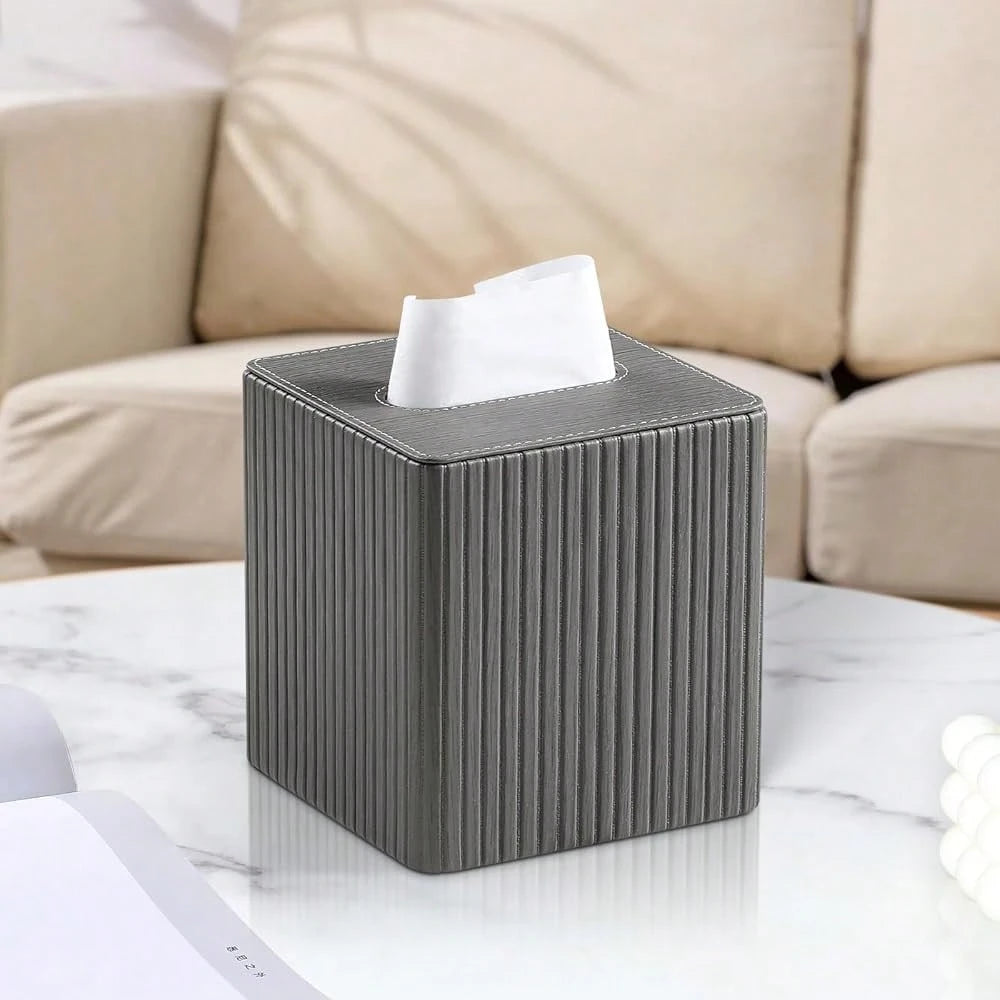 Leather Square Tissue Box Cover With Bottom, Slate Grey| Fits All Standard Cube Tissue Boxes, Modern Fluted Decorative Tissue Box Hold