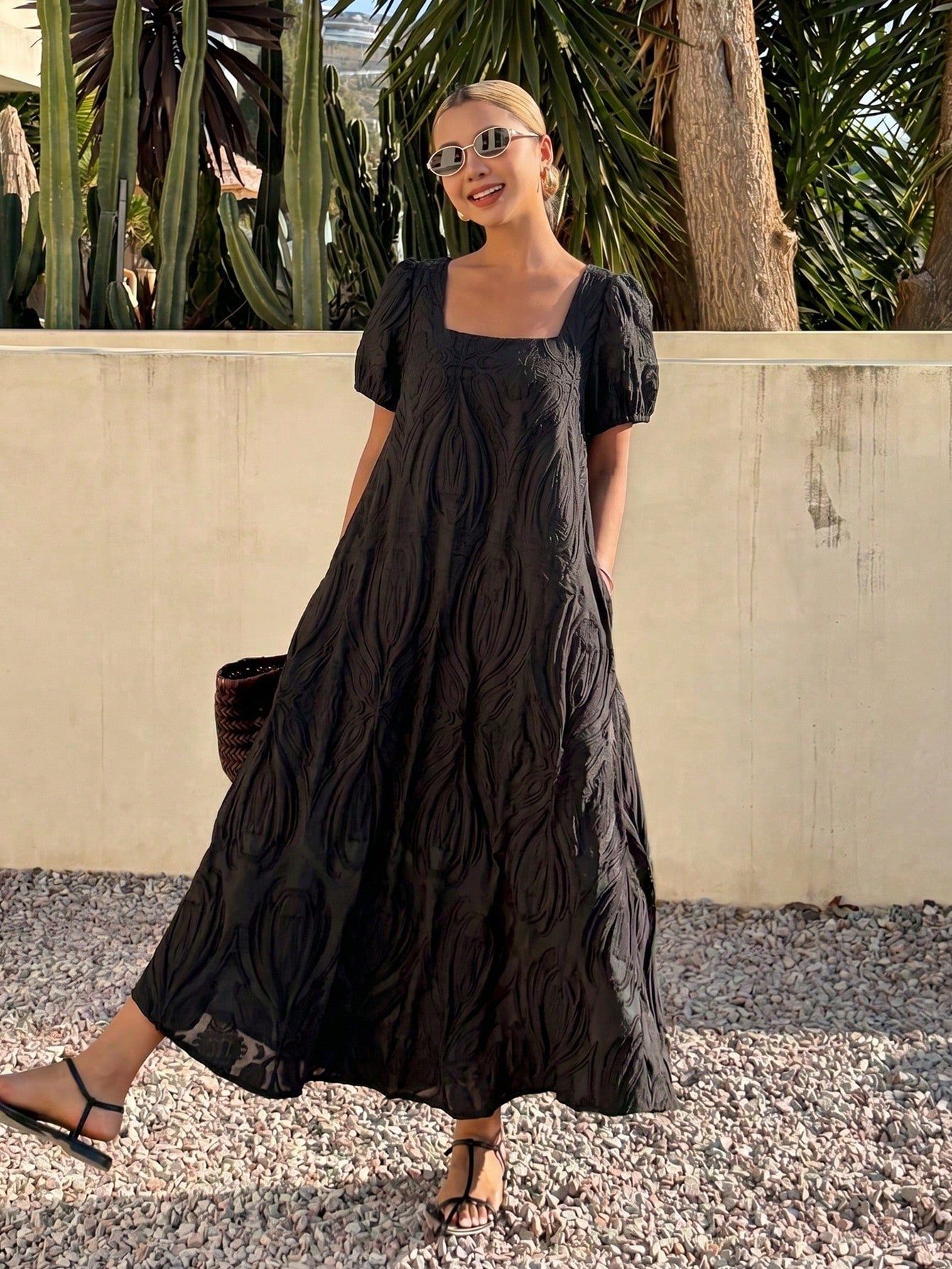 Livesso Spring Summer Black Textured Organza Lace Bohemian Casual Vacation Elegant Commute Loose Straight Midi Dress Tank Dress For Women Sundress
