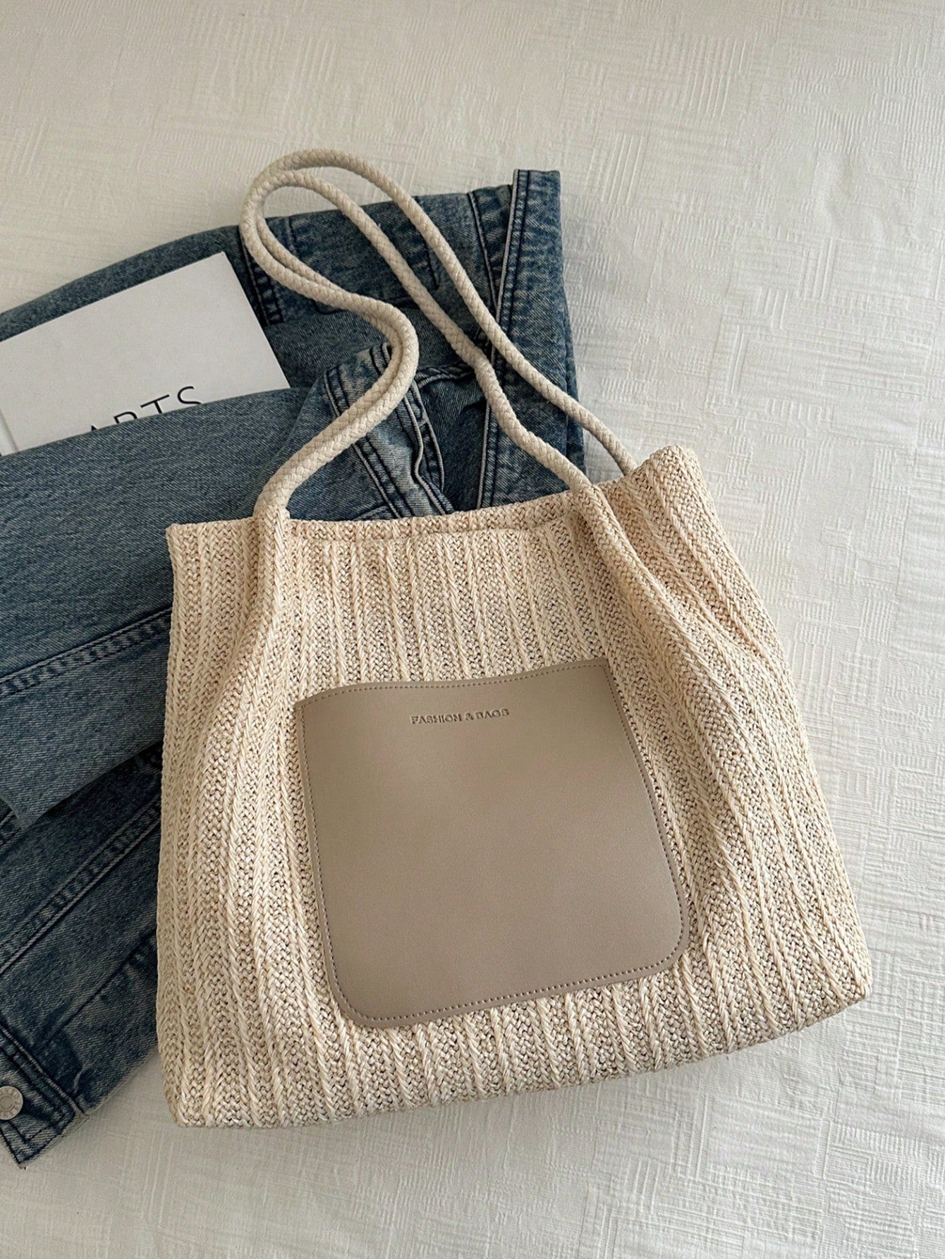 Livesso Summer Hot-Selling Straw Woven Tote Bag For Women, Sweet Style, Large Capacity, Minimalist Fresh Design, Shoulder Bag, Straw Fabric With PU Material