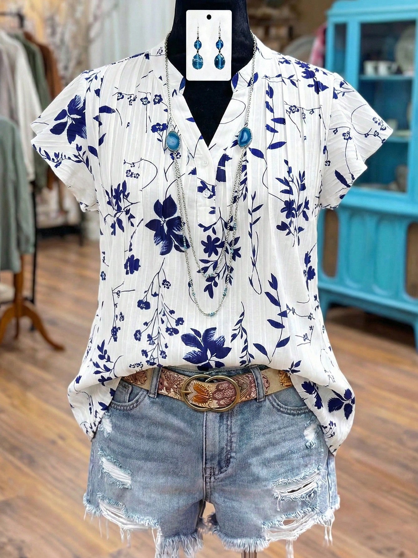 LUNE CURVE Plus Size Women Plant Print Cap Sleeve Shirt