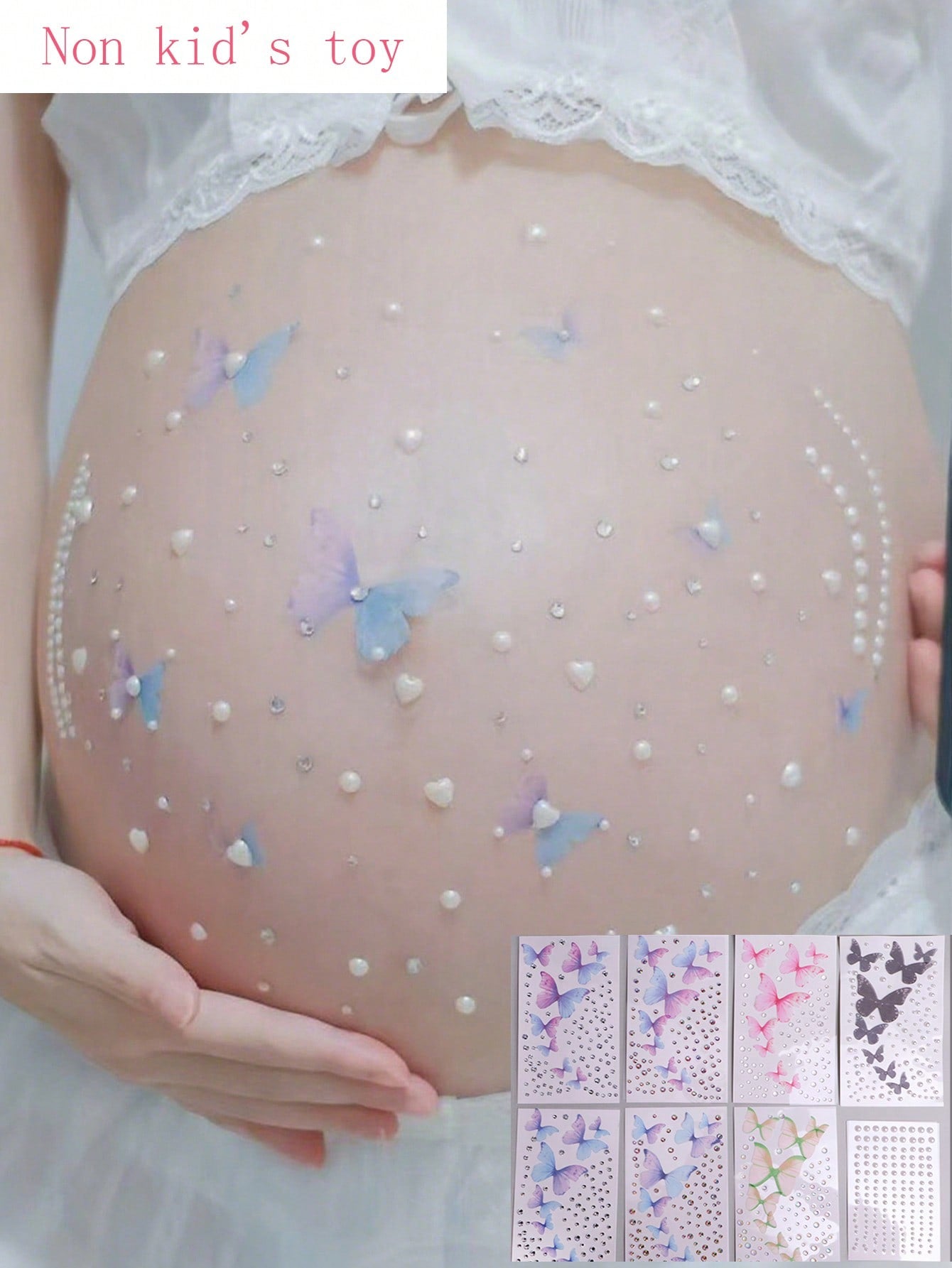 Maternity Belly Stickers Crystal Stickers Diamond Party Photo Pregnant Woman Photo Colorful Pearl Heart 3D Decorative Pattern (Butterfly Set), Not A Baby Toy
