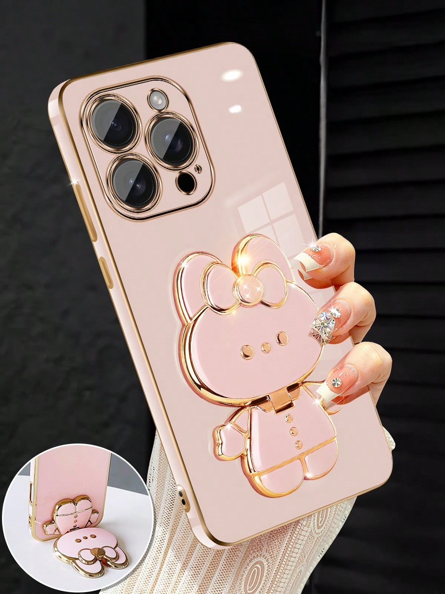MewTrek Luxury Electroplated Phone Case With Creative Cute Cat Stand And Built-In Makeup Mirror, Fashionable Silicone Material, Shock-Proof, Compatible With Iphone 16/15/14/13/12/11/X/XS/XR/8/7 Plus/P