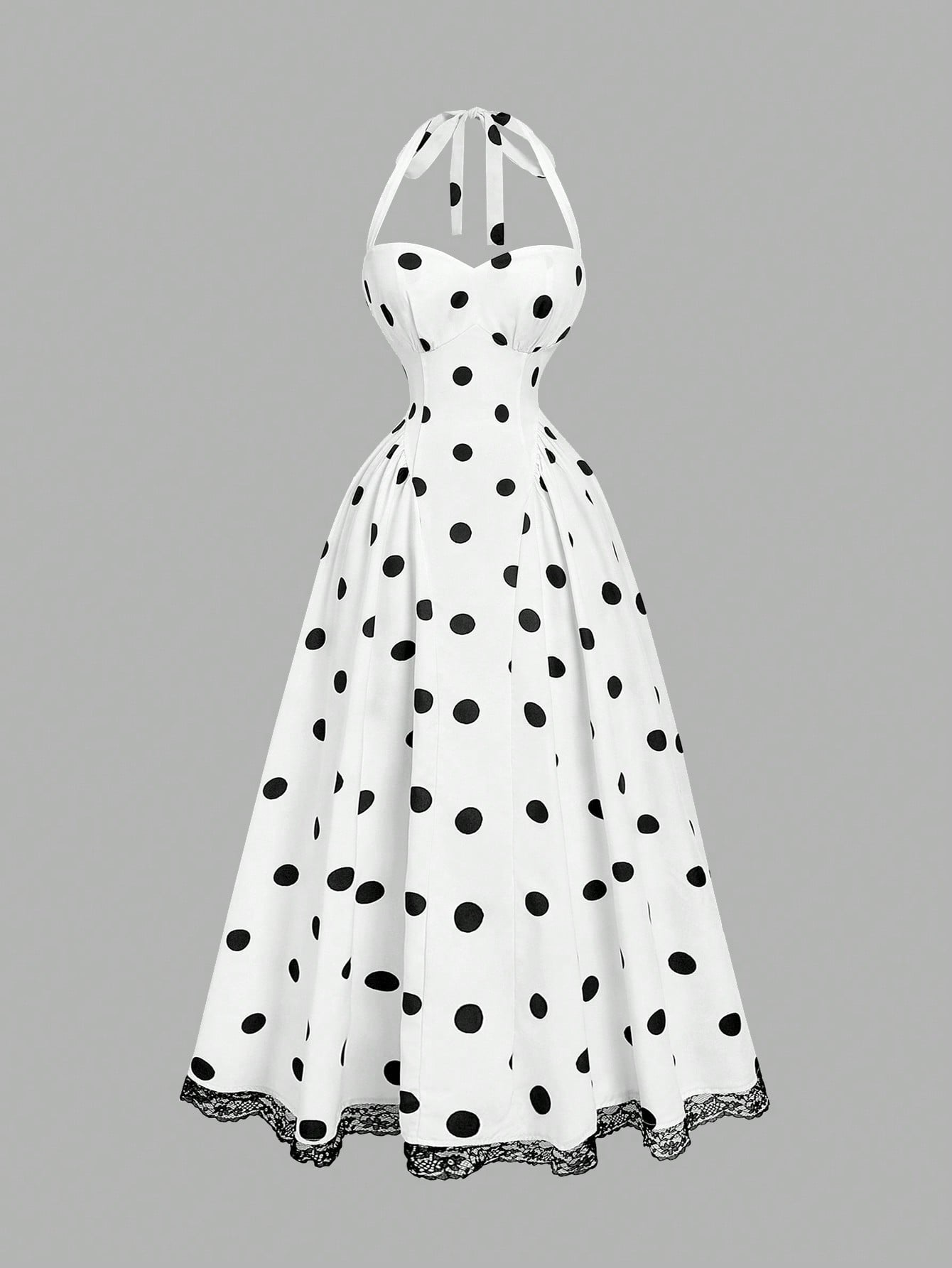 MOD Women's Elegant Vintage Polka Dot Halter Neck Lace Trim Mid-Length Dress
