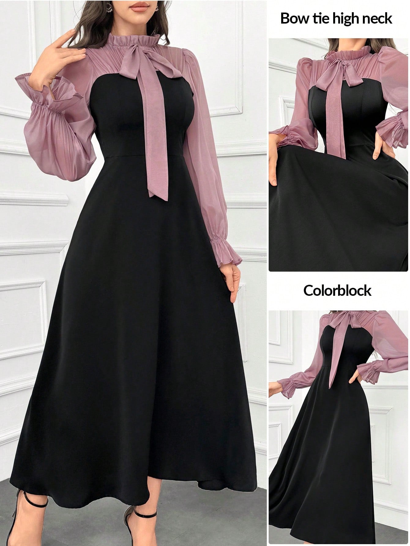 Modelyn Women's Elegant Ruffle Trim Color Block Tie Waist Dress With Flouncy Cuffs Long Evening Dresses