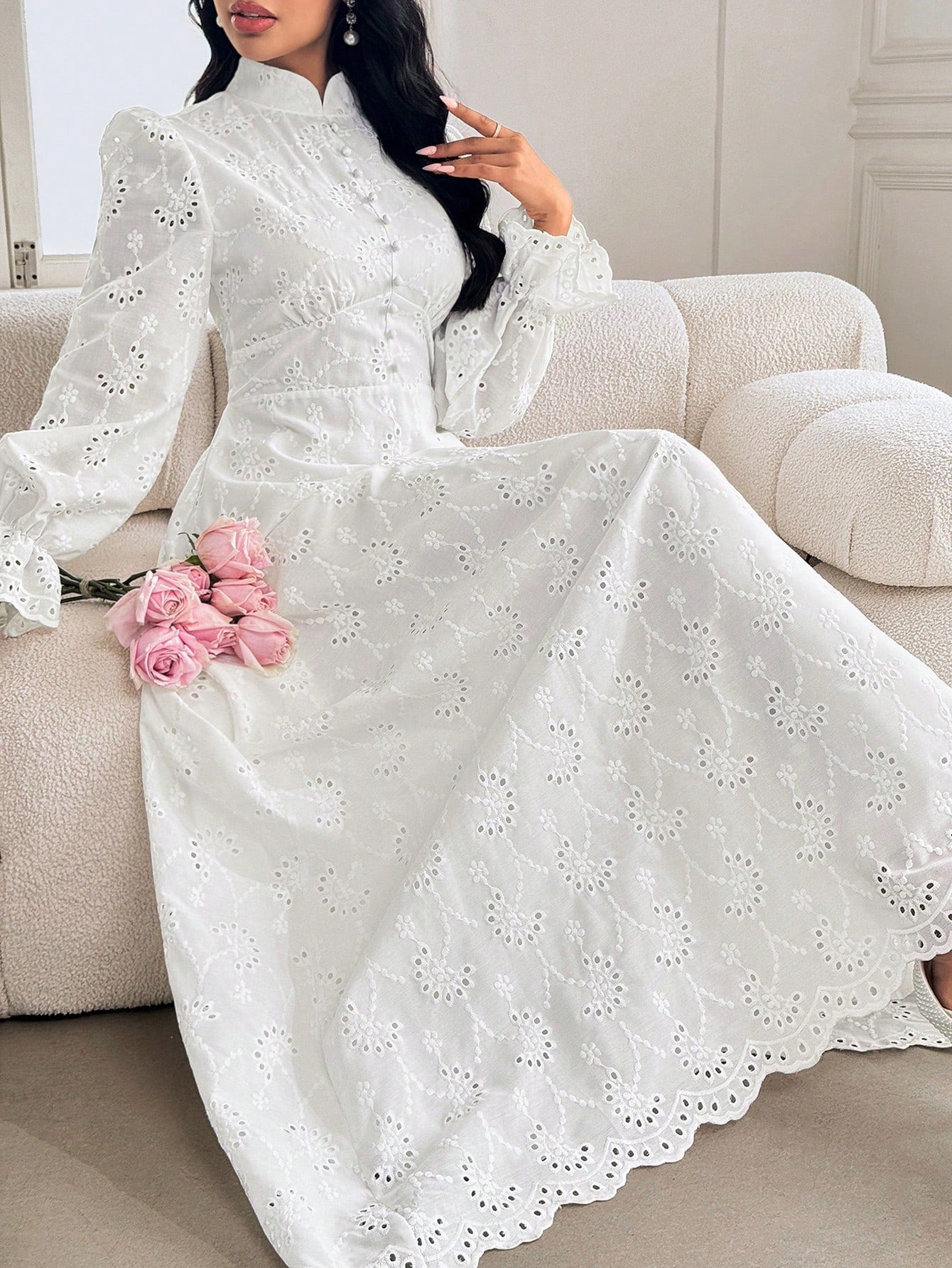 Modelyn Women's French Stand Collar Puff Sleeve Dress With Drape Design Fall Cloth For Women