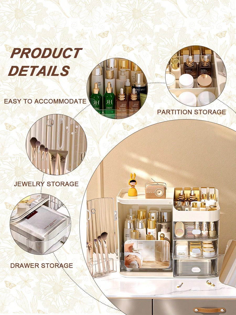 Multifunctional Cosmetic Storage Box, Semi-Open Large Capacity, With Drawers And Mirror, Suitable For Cosmetics And Skincare Essentials, Perfect For Bathroom Vanity, Office Desk And Dressing Table