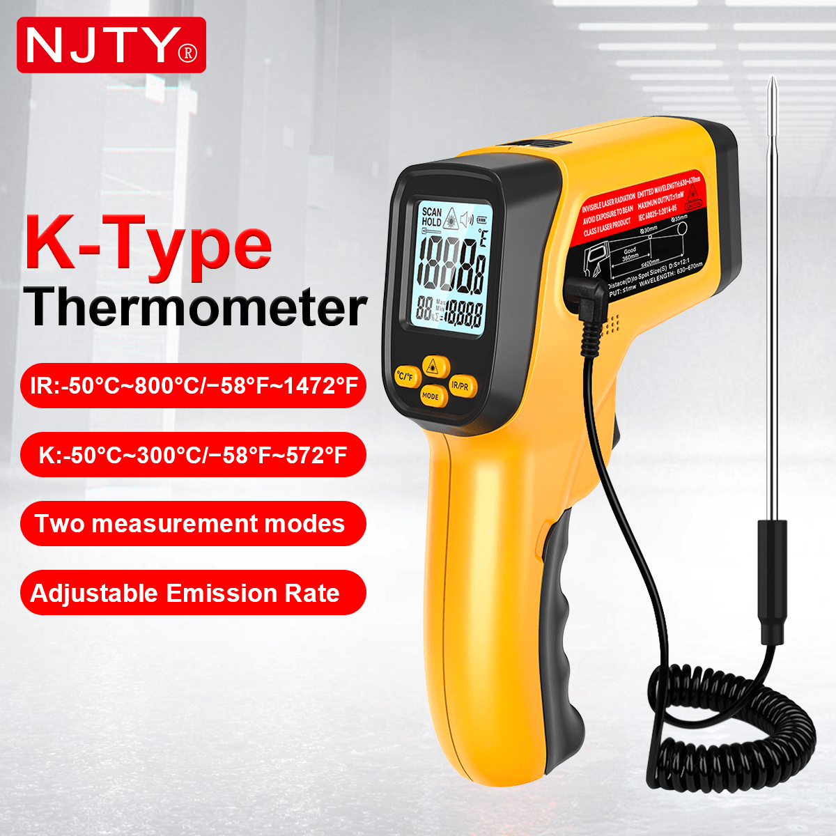 NJTY Temperature Gun, K-TYPE Infrared Thermometer Gun, Handheld Non-Contact High Temperature Gun, Suitable For Industrial, Cooking Tester, Pizza Oven, Car, HVAC, Barbecue Oven And Engine-Laser Surface