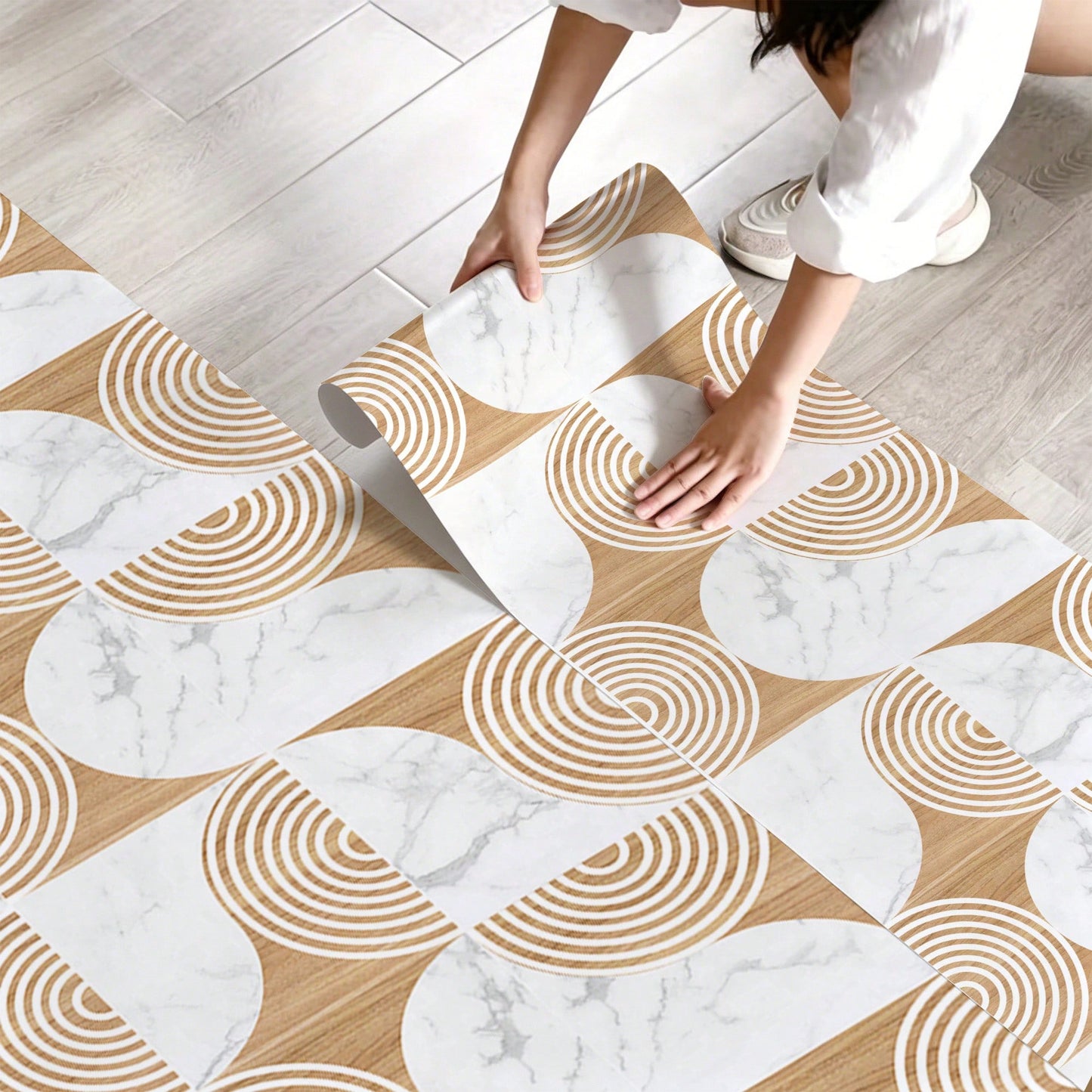 Peel And Stick Vinyl Floor Sticker 40*120CM, Beige Wood Marble Pattern Removable Waterproof Anti-Slip Floor Tile, Minimalist Geometric Floor Decor For Rental House Bedroom Kitchen Bathroom