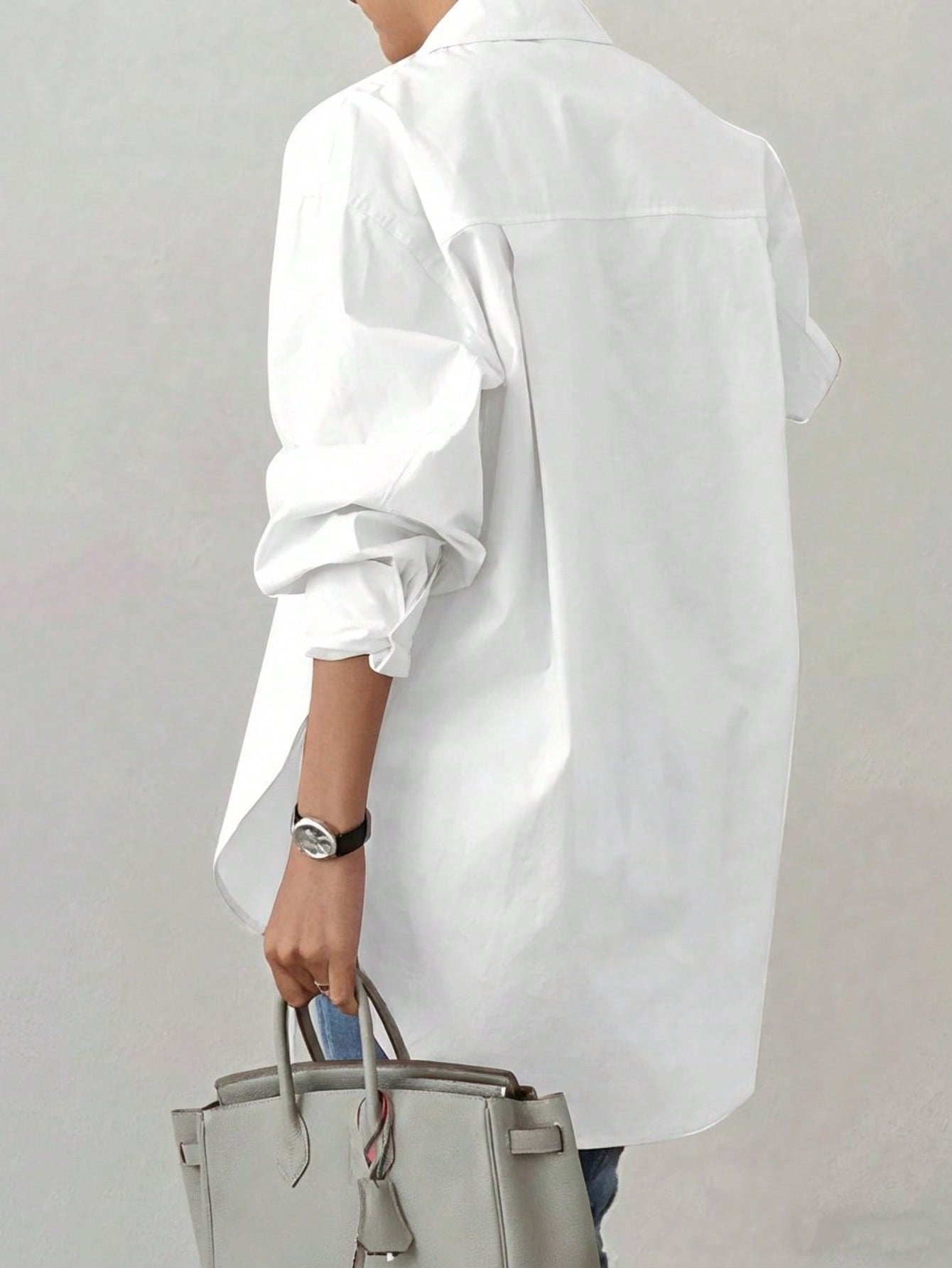 Plus Size Women's Long Sleeve Loose Casual Shirt, Solid Color Front Button Pocket, Suitable For Office, Daily Wear, Travel, Spring/Summer White