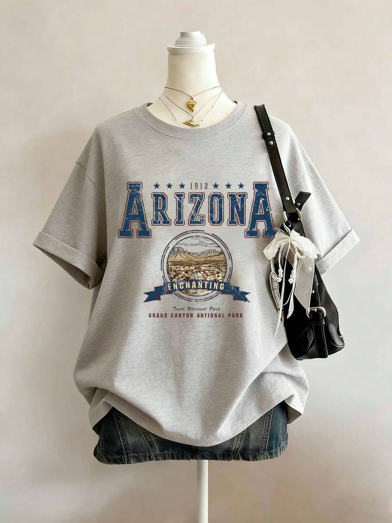 Plus Size Women's Street Fashion Arizona Theme Graphic Print Crew Neck Short Sleeve T-Shirt Casual Summer