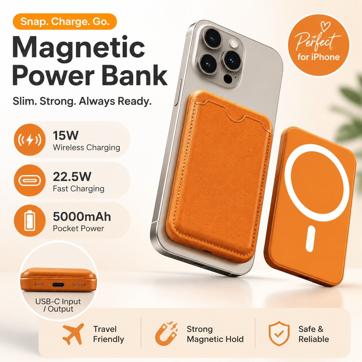 Pocket Size 5000mAh Magnetic Wireless Portable Phone Charger 15W Wireless Charging 22.5W Wired Fast Charging Card Holder Compact Battery Pack Smart Trickle Charging Compatible With IPhone 15 Plus 14 P