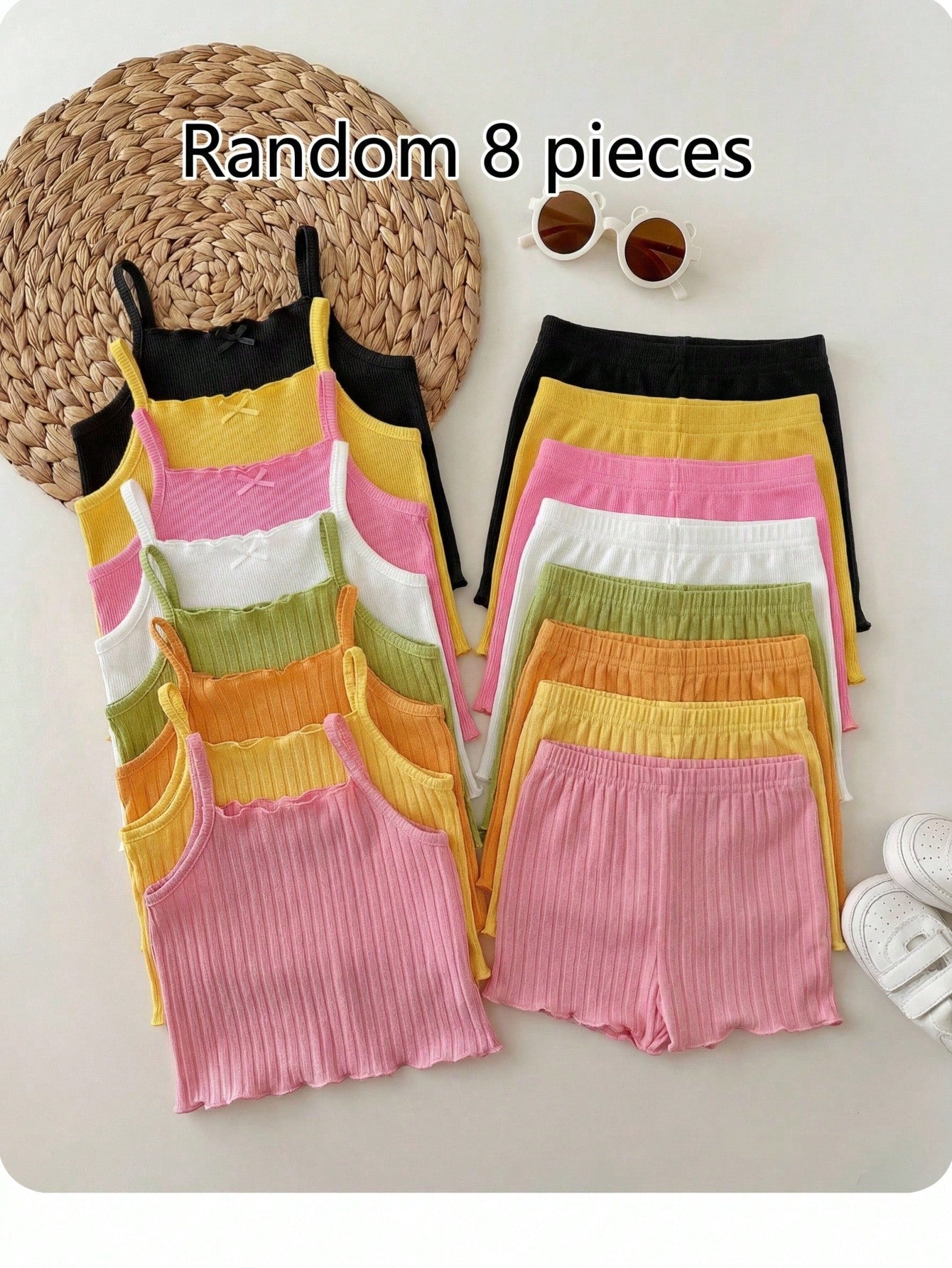 Random 8pcs/Set Baby Girl Pink And Green Summer Outfit,Casual Solid Ribbed Knit Camisole Tops And Shorts Set,Home Wear Cute Daily Clothes For Girls