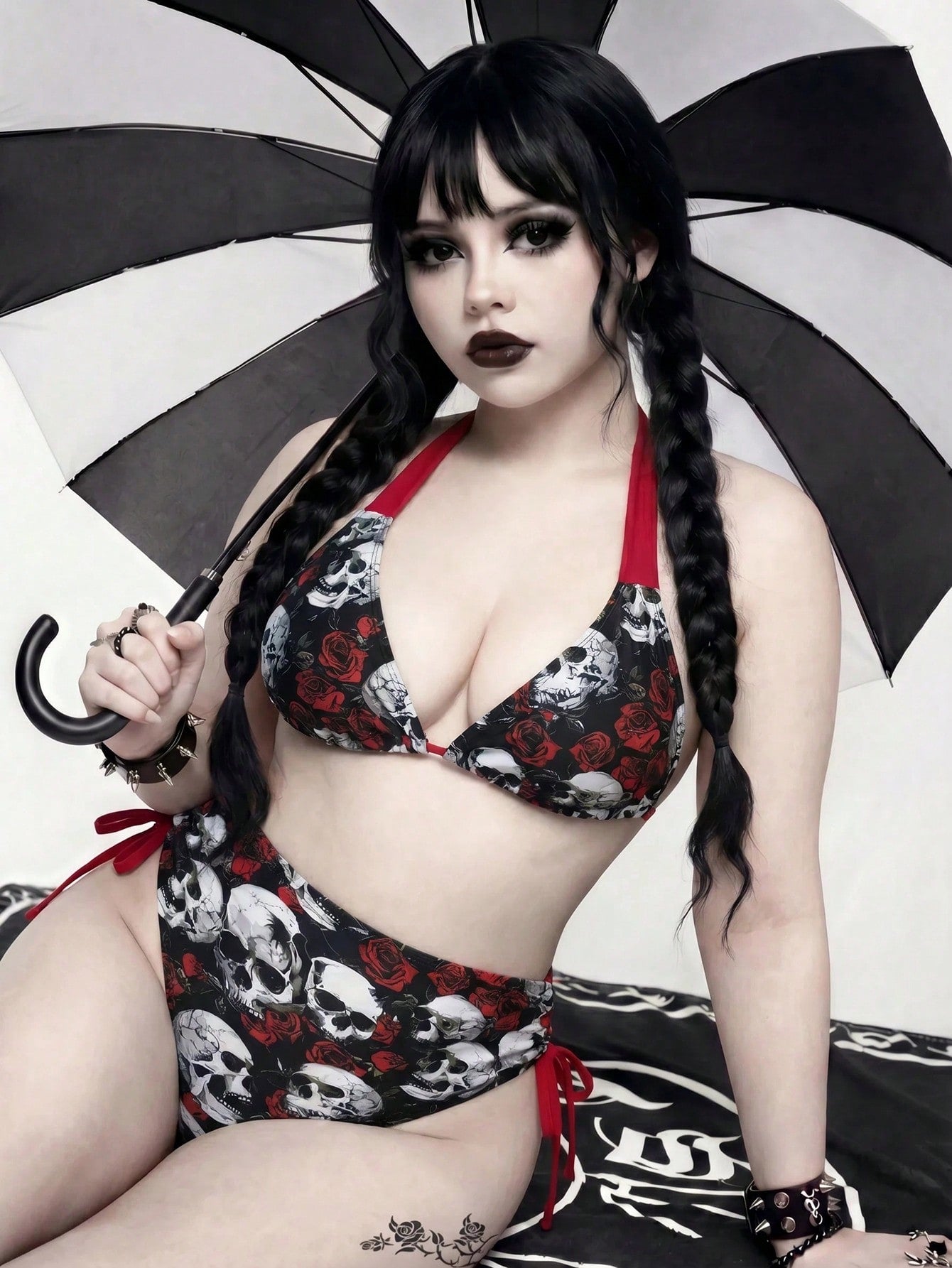 ROMWE Goth Plus Size Skull & Floral Print Swimwear Set