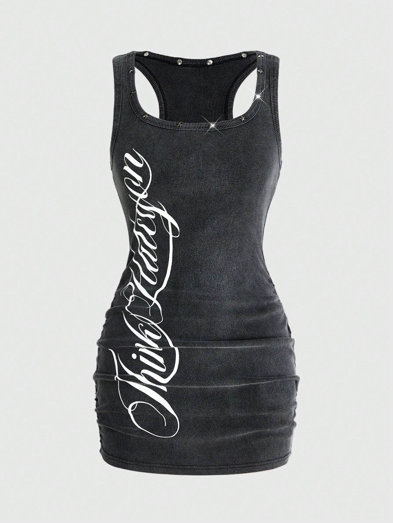 ROMWE Grunge Punk Women's Retro Baddie Unisex Streetwear Casual Star & Rivet Print Bodycon Mini Dress