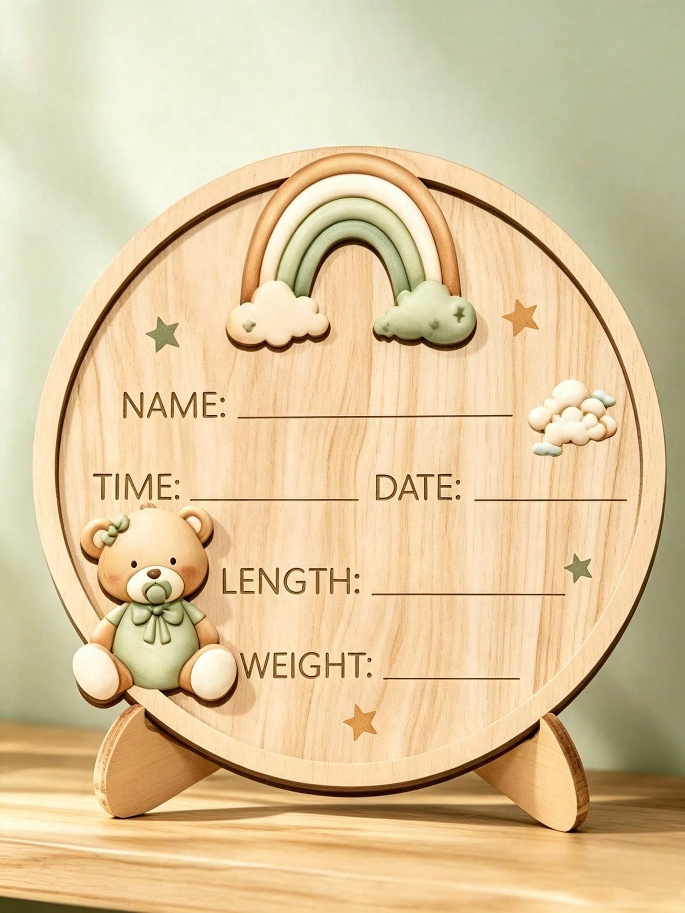 Round Baby Birth Announcement Board With Rainbow And Bear, Newborn Name Date Time Weight Length Keepsake, Nursery Decor Gift