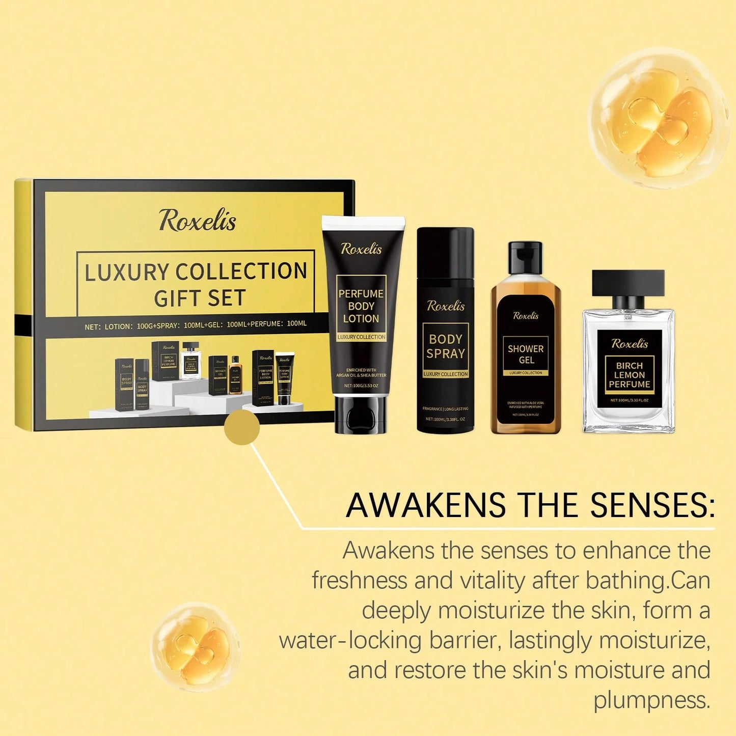 Roxelis Men's Skincare Gift Set 4 In 1 Set (Men Body Lotion 100g & Men Body Spray 100ml & Men Shower Gel 100ml & Birch Lemon Perfume 100ml) Perfect Christmas Birthday Gift For Father, Boyfriend
