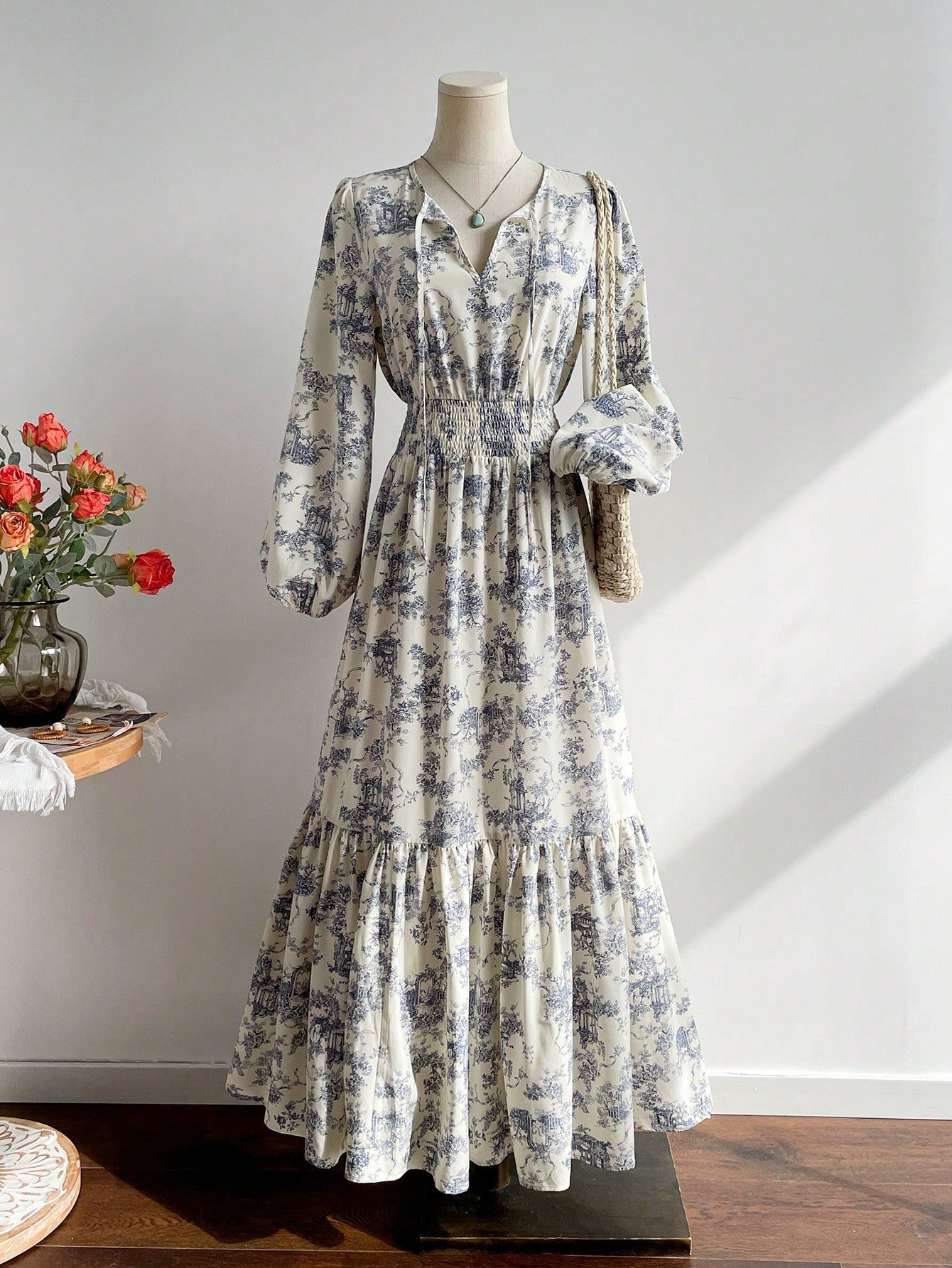 Rusttydustty Vintage Blue Floral Print V-Neck Long Sleeve Maxi Dress, Elegant Pastoral Style Tea Party Dress, Suitable For Autumn