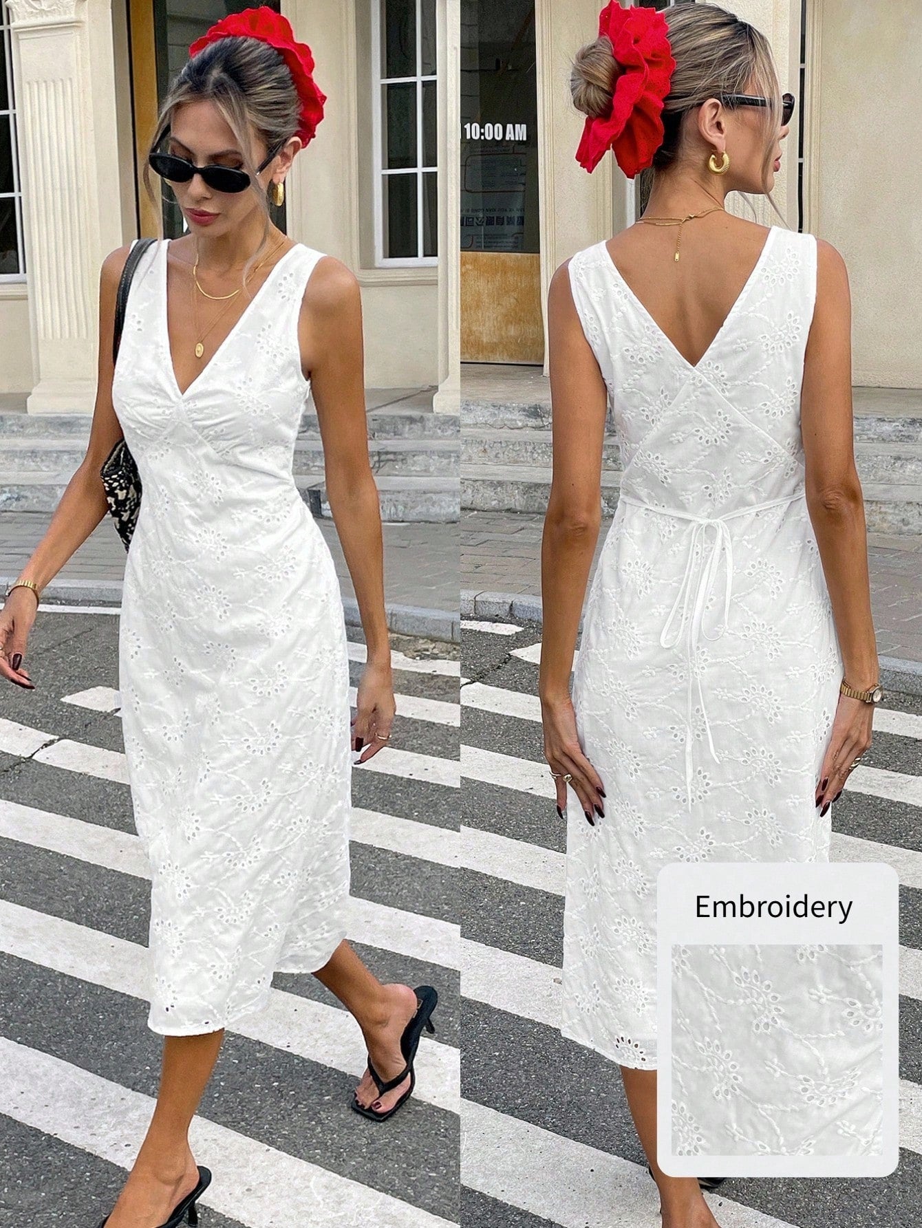 Serisse French Resort Slim Waist V-Neck Sleeveless Hollow Embroidery Dress Wedding Ladies Summer Elegant Spring New Year Party White Vacation Casual Holiday