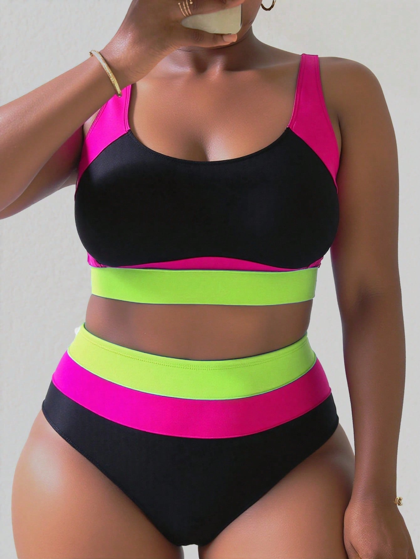Slaydiva New Plus Size Women's Color Block Patchwork Bikini Style Two Pieces High Waist Triangle Bottom Swimsuit Set