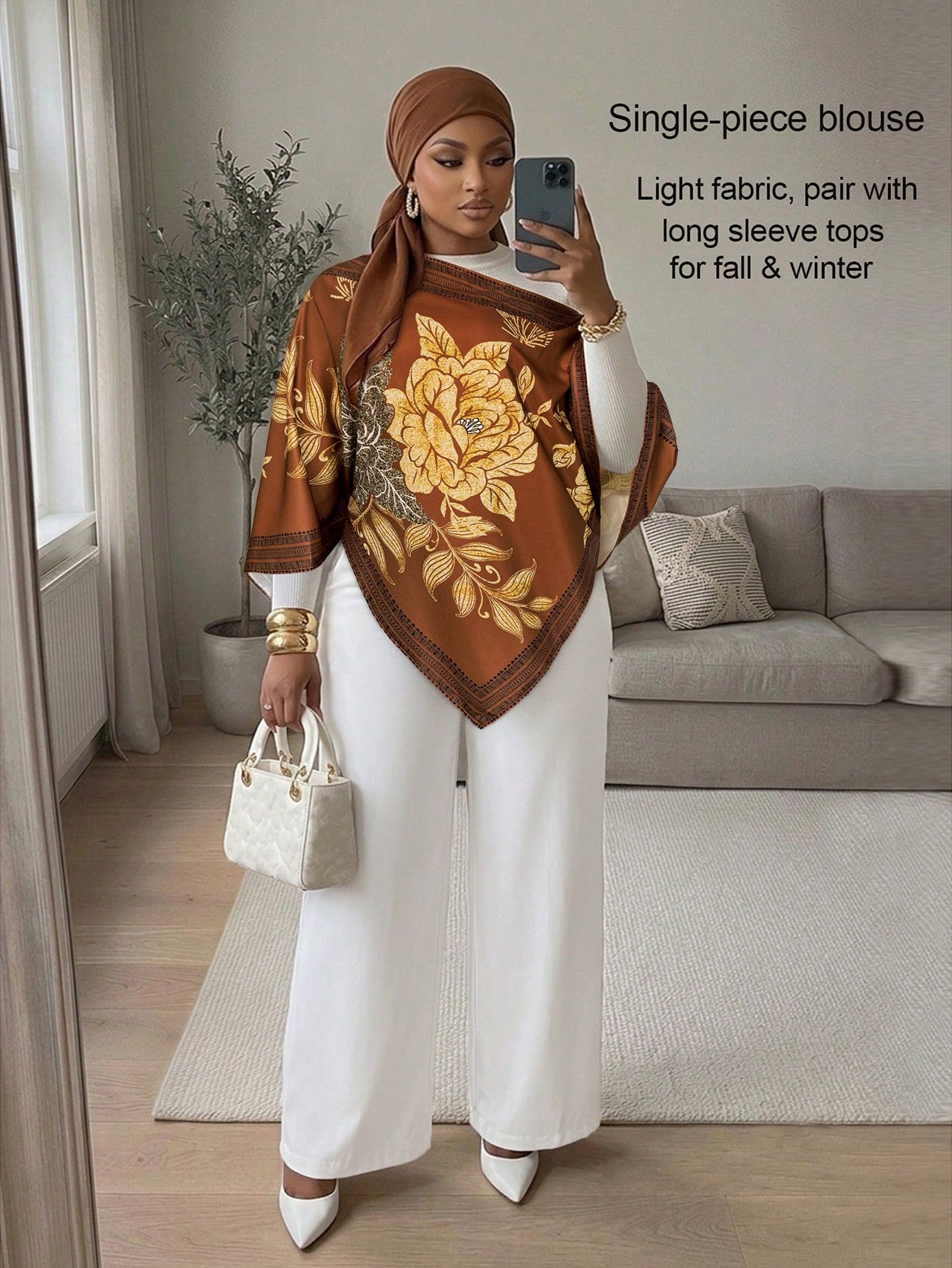 SOLERSUN Women's Plus Size Casual Elegant Apricot Patterned Asymmetric Neck Long Sleeve Asymmetrical Hem Blouse Oblique Shoulder Split Sleeve Loose Fashionable Shirt Vintage Sunset Holiday Print Batwi