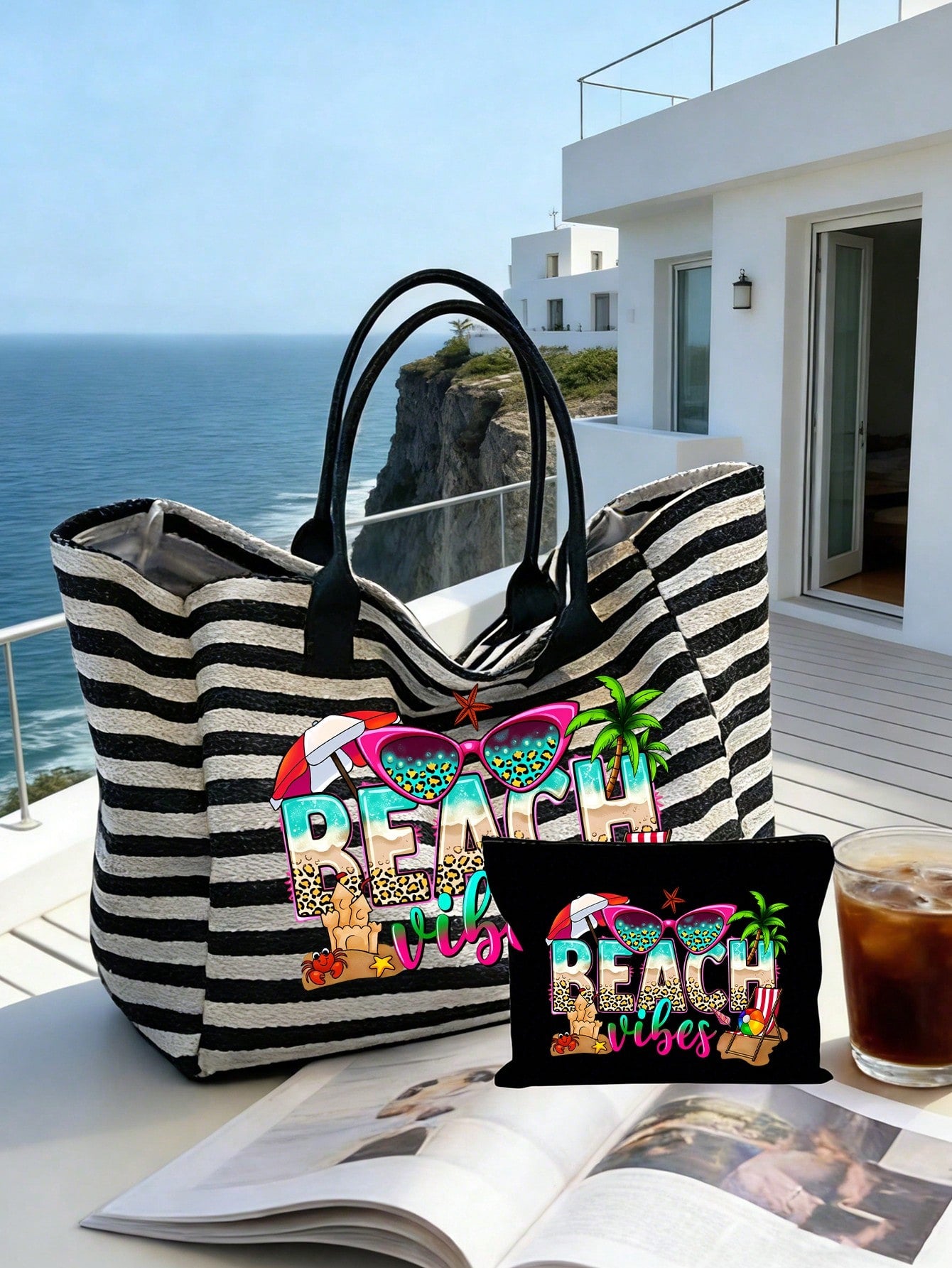 Striped Woven Large Capacity Summer Beach Bag Set, Including Matching Small Bag, Lightweight Waterproof Tote Suitable For Beach, Pool Party, Vacation And Daily Shopping, Can Hold Swimwear, Towels, Cos