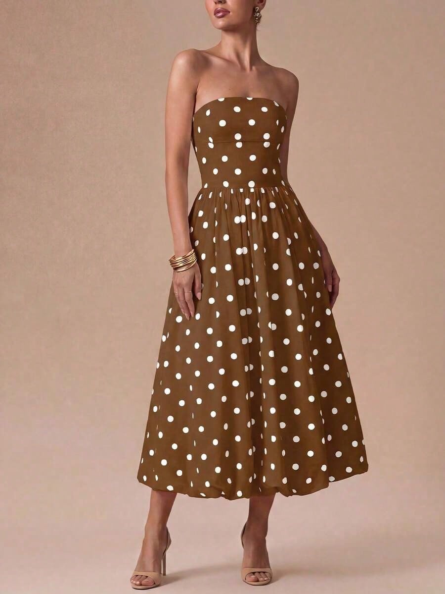 Summer Dresses For WomenElegant Retro Polka Dot Strapless Bubble Hem Midi Dress- Suitable For Wedding Guests, Parties, Beach, Summer Vacation, Outin