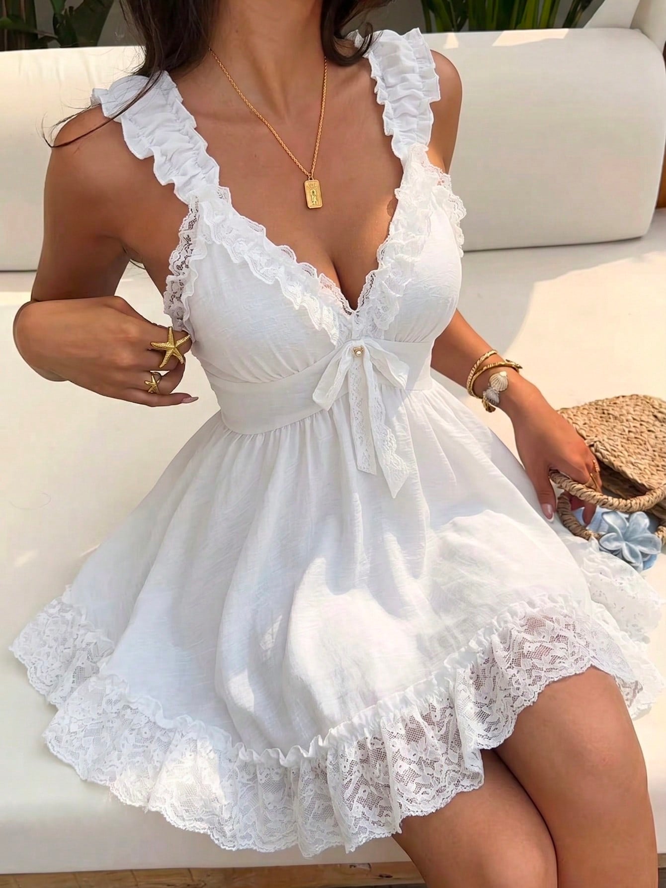 Sunnyshic Bow Tie & Lace Trim Patchwork Mini White Dress White Sundresses For Women Pin For Dress High Quality Dress Lily Dress Retro Dresses For Woman