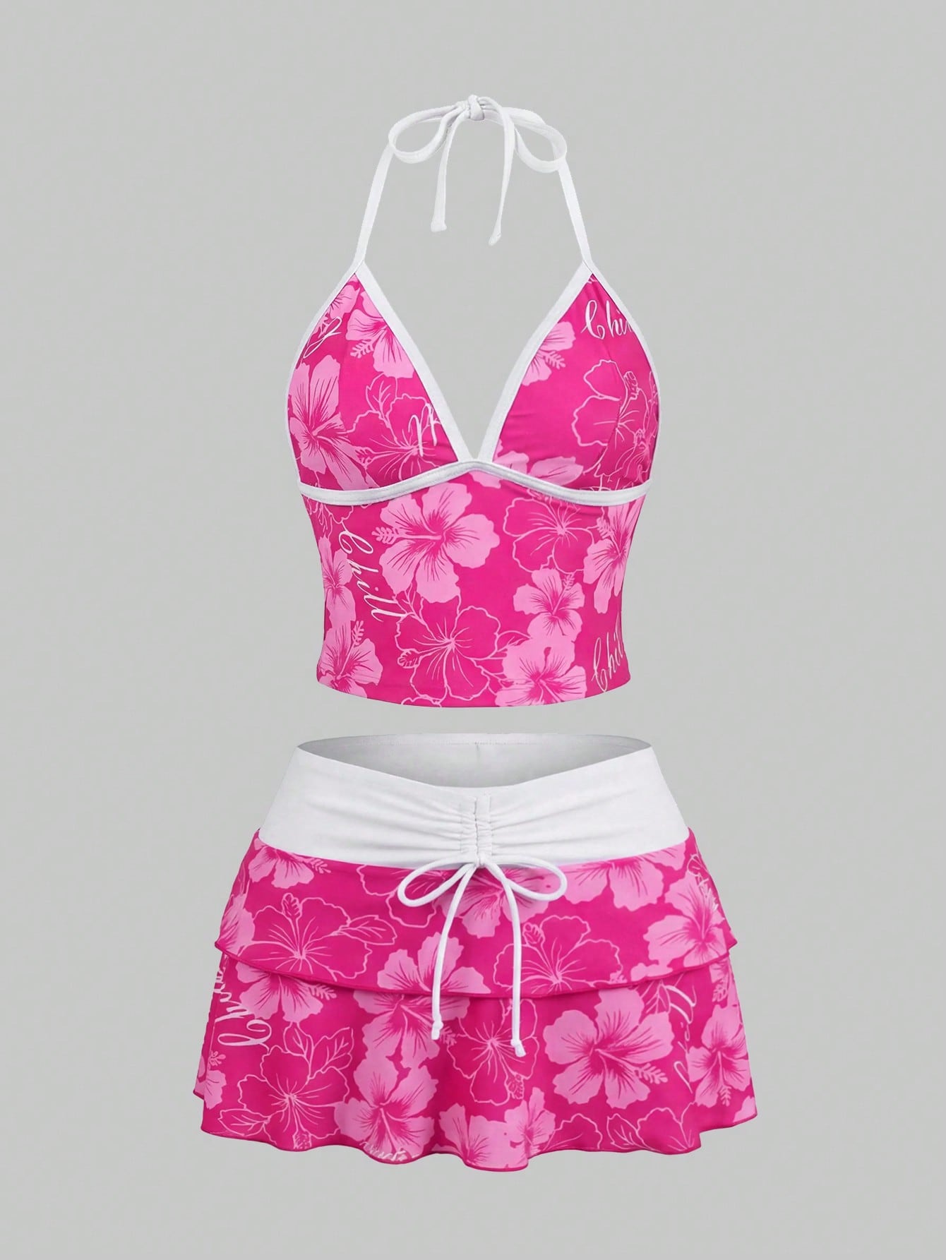 Sweetra CURVE 2026 Spring/Summer Plus Size Women's Fuchsia Floral Print Halter Top, Casual Resort Beach Party Swimwear Set Vacation
