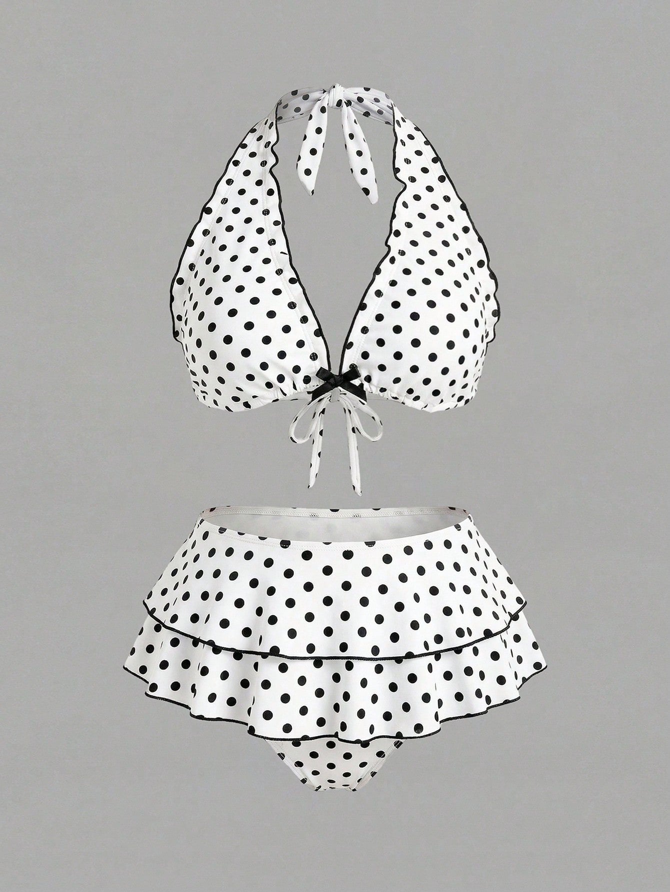 Sweetra CURVE Plus Size Women 2pcs Black Polka Dot Print Halter Tie Sexy Beach Vacation Bikini Swimsuit