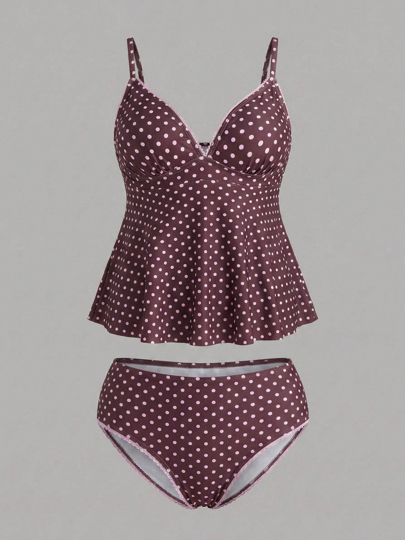 Sweetra CURVE Plus Size Women's Polka Dot Print Deep V-Neck Ruffle Top Paired With Regular Trousers, Flattering Silhouette Beach Atmosphere Women's Swimwear Set