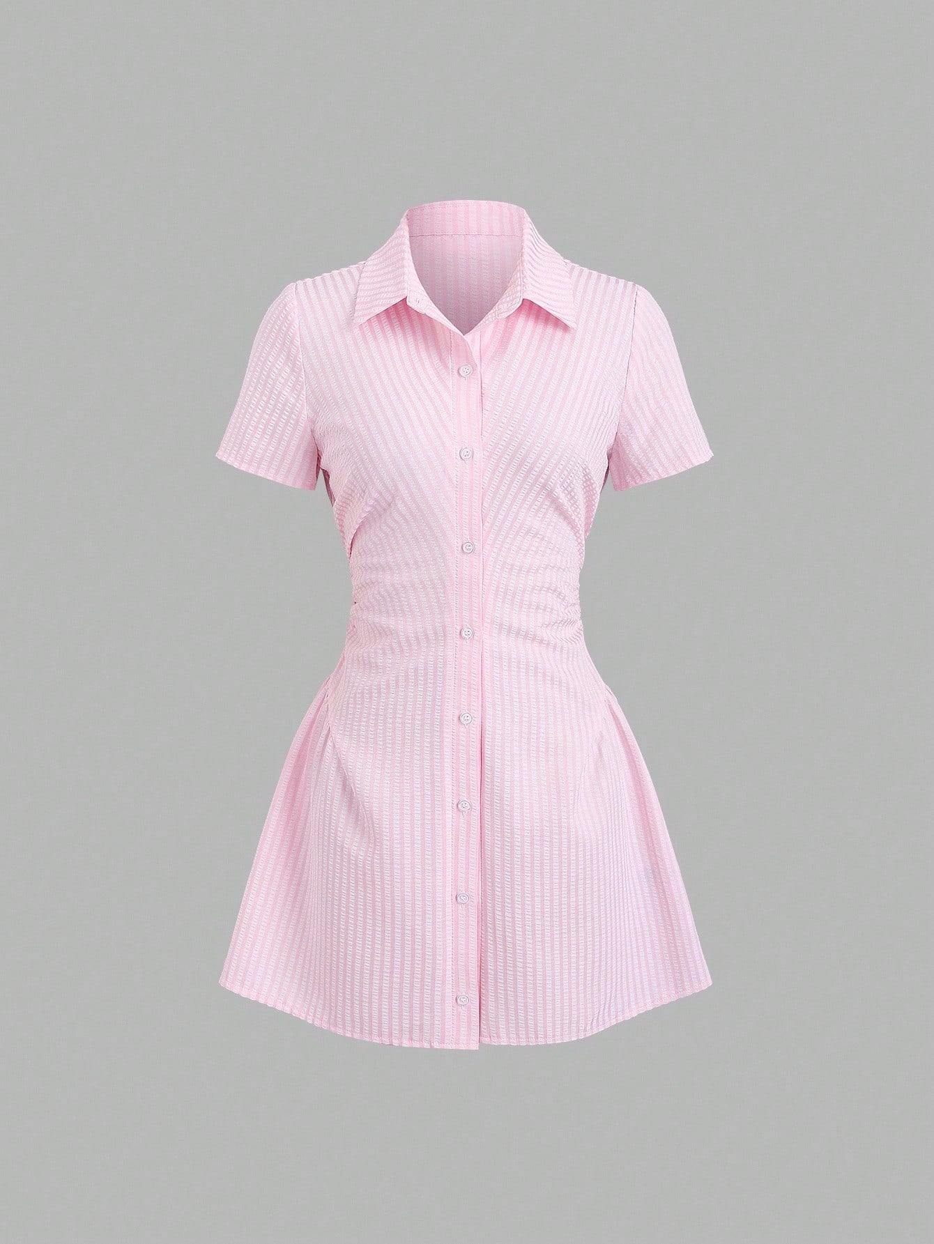 Sweetra Sweet & Fresh Pink Short Sleeve Shirt Dress, Slimming Waist Design, Elegant Lady Shirtdress, Summer New Arrival