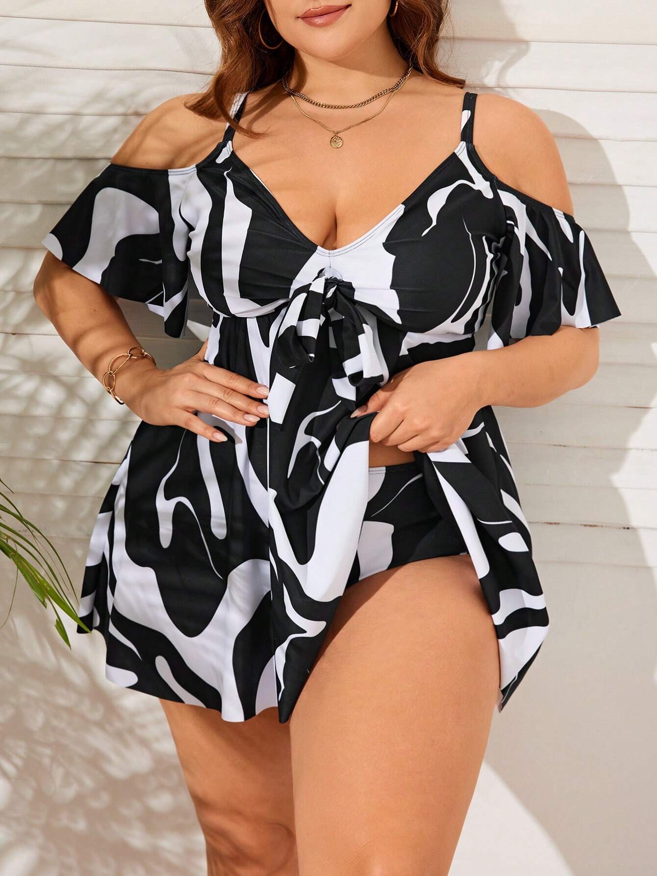 Swim Lushoire Summer Beach Plus Size Women's Printed Cold-Shoulder Swimwear