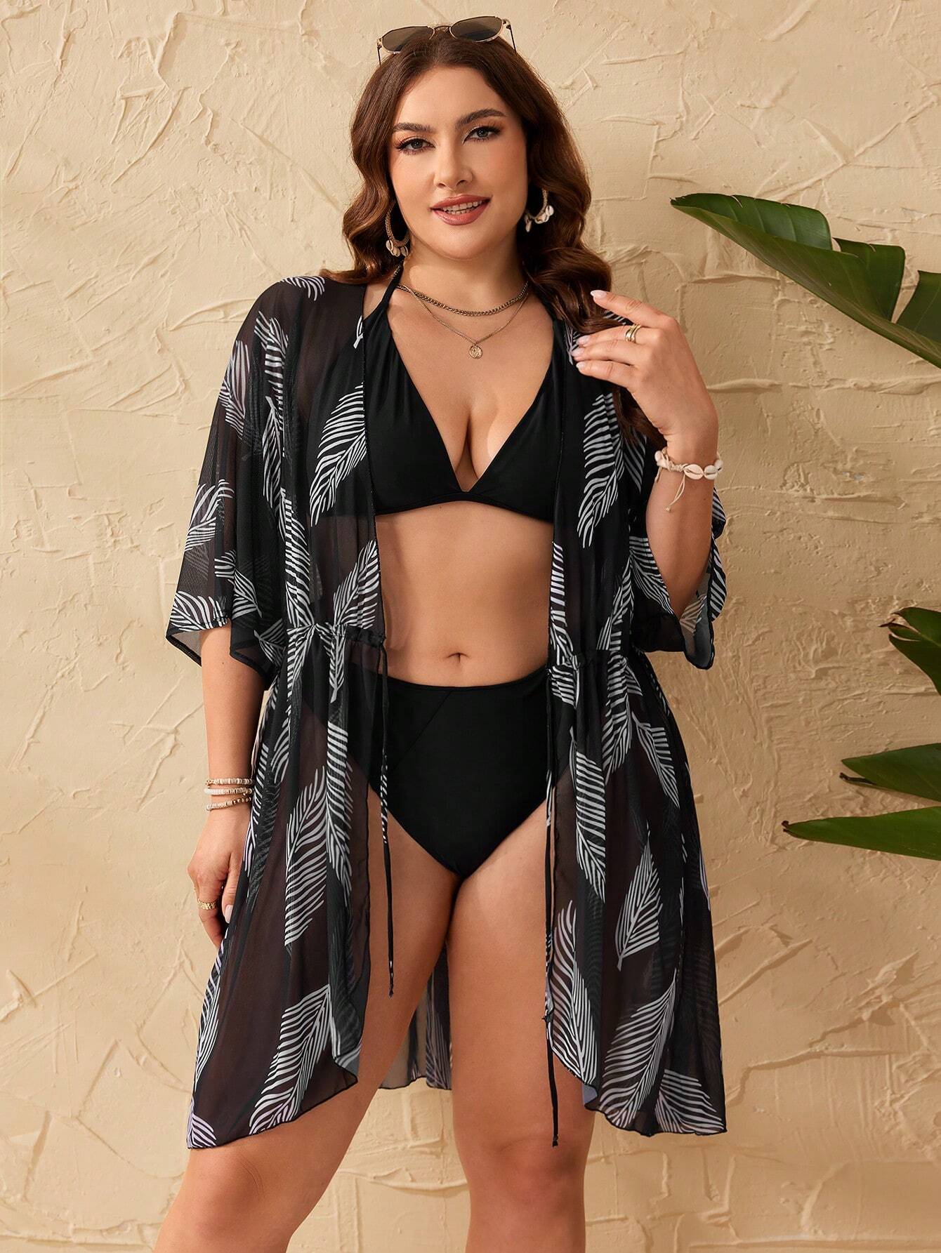 Swim Lushoire Summer Beach Plus Tropical Printed Drawstring Waist Simple Daily Kimono