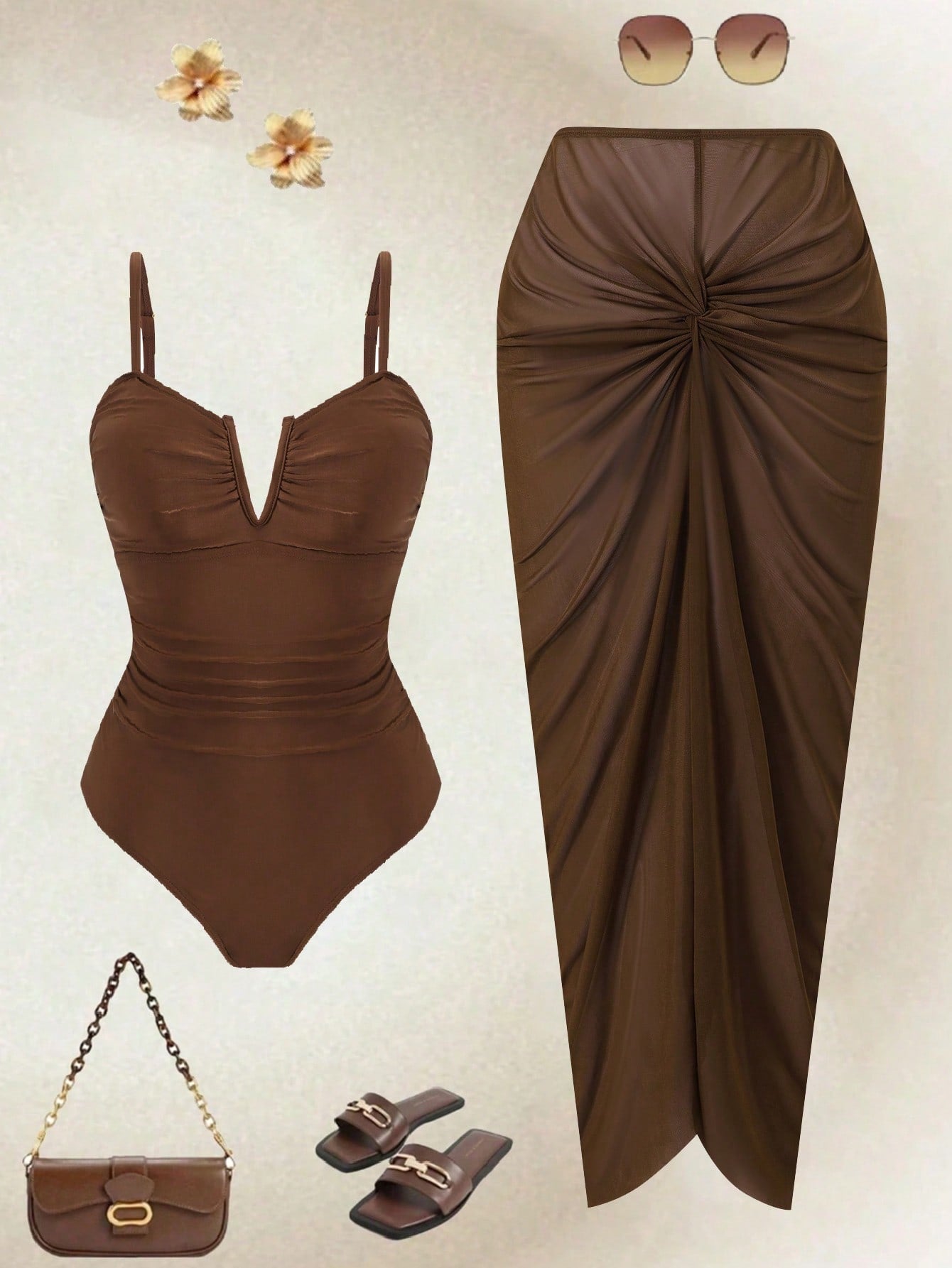 Swim Oasis Plus Size Brown Adjustable Spaghetti Strap V-Neck Ruched Waist Twist Knot Long Maxi Skirt Elegant Casual Beach Holiday Summer One-Piece Swimsuit Women