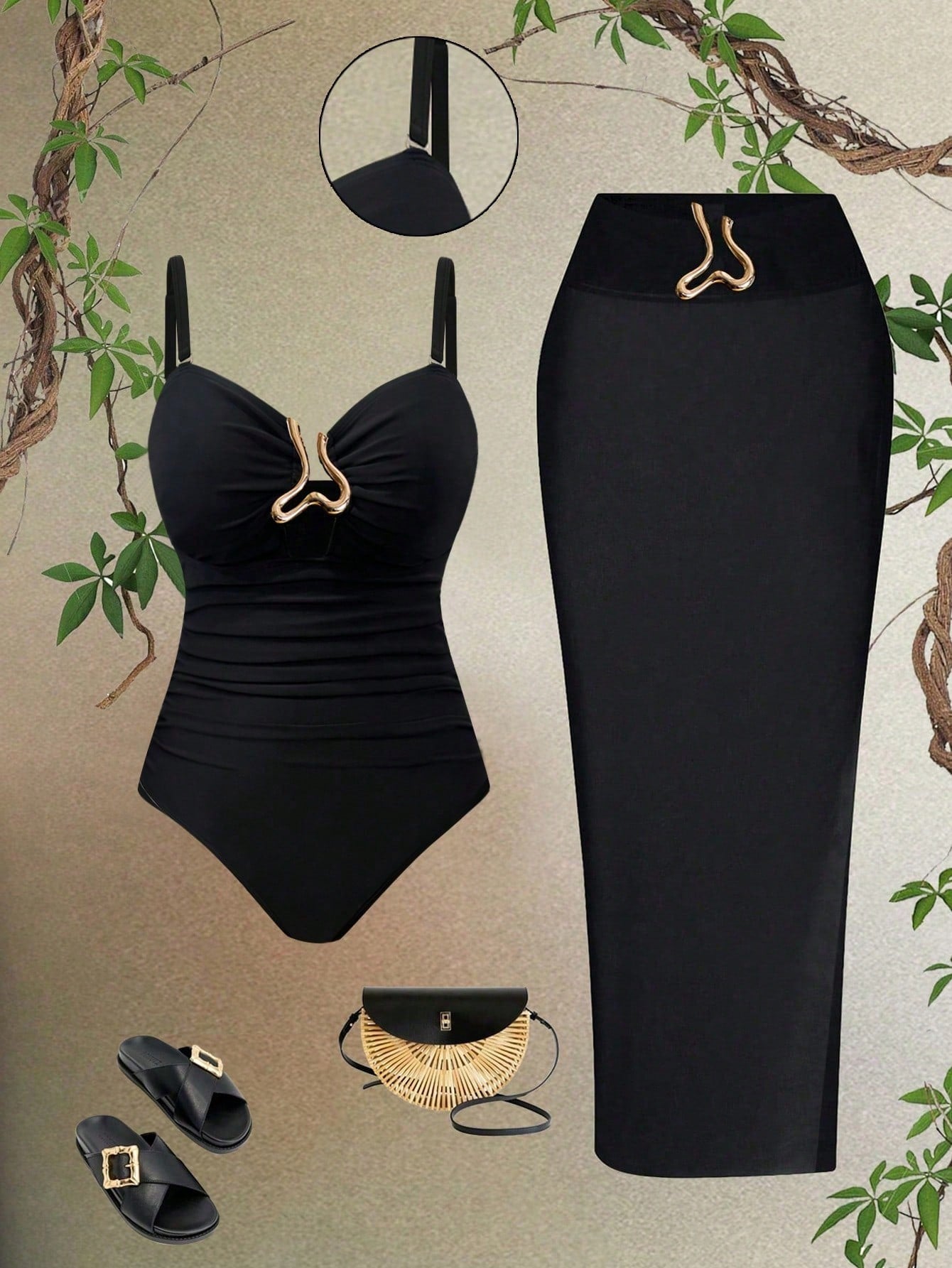 Swim Oasis Plus Size Women 2pcs Black Oasis Hollow Out Padded Bandeau Spaghetti Strap Swimsuit Set,Mesh Cover-Up Skirt,Summer Beach Holiday Classy Mal Evening