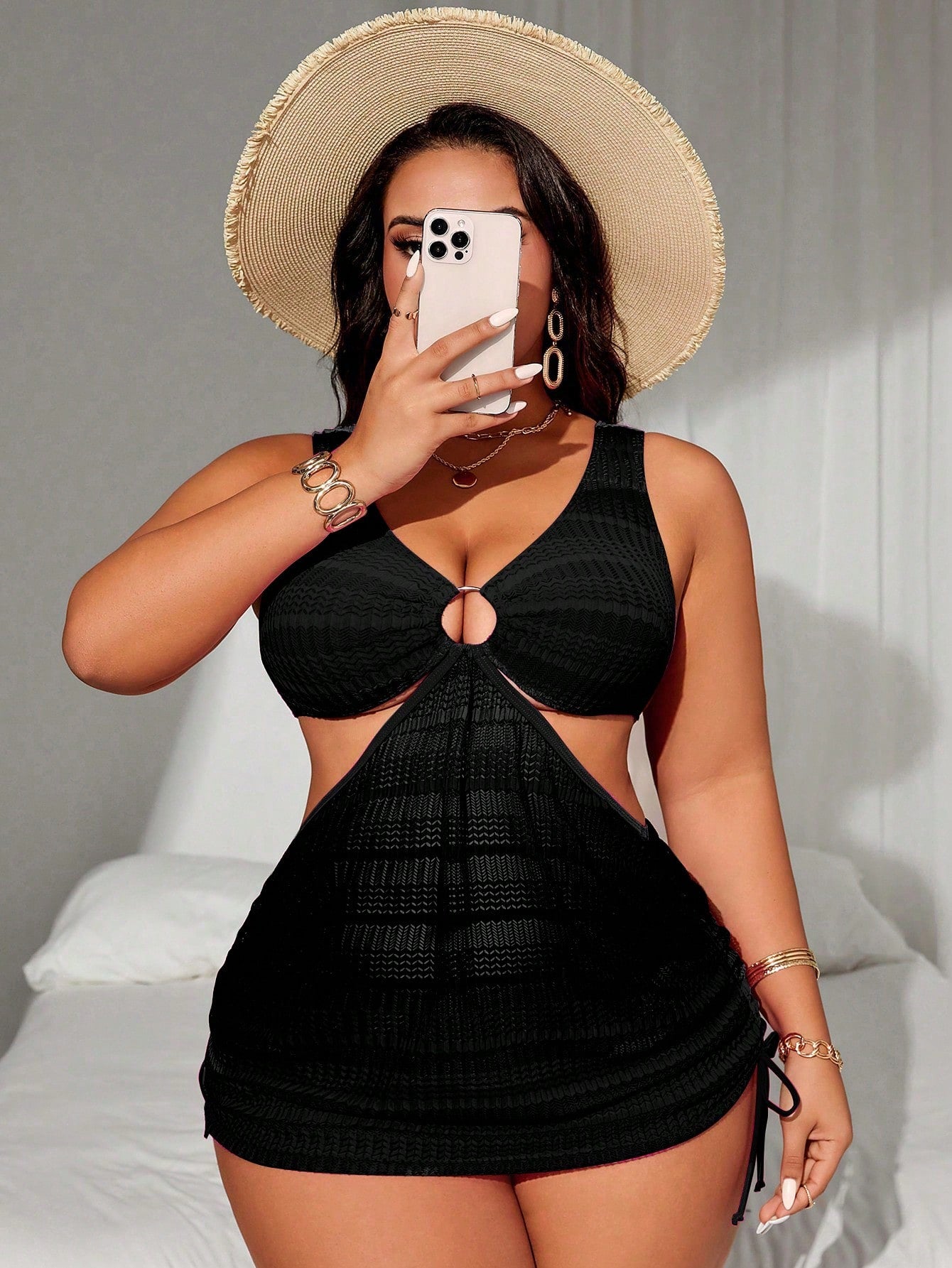 Swim SXY Plus Size Women's 2pcs Ombre Color Halter Waist Hollow Out Drawstring Split Swimsuit Set