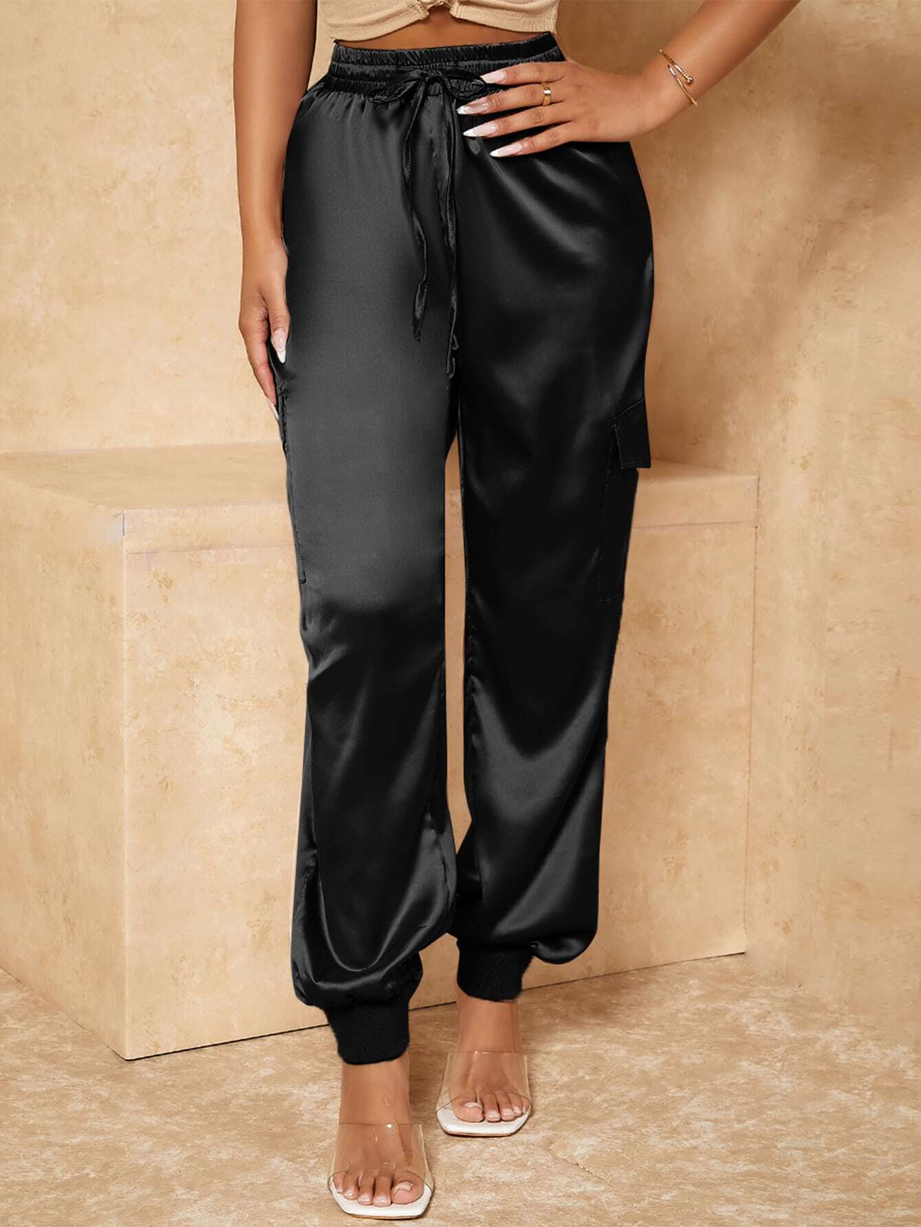 SXY Spring And Summer Satin Drawstring Waist Black Casual Women's Trousers