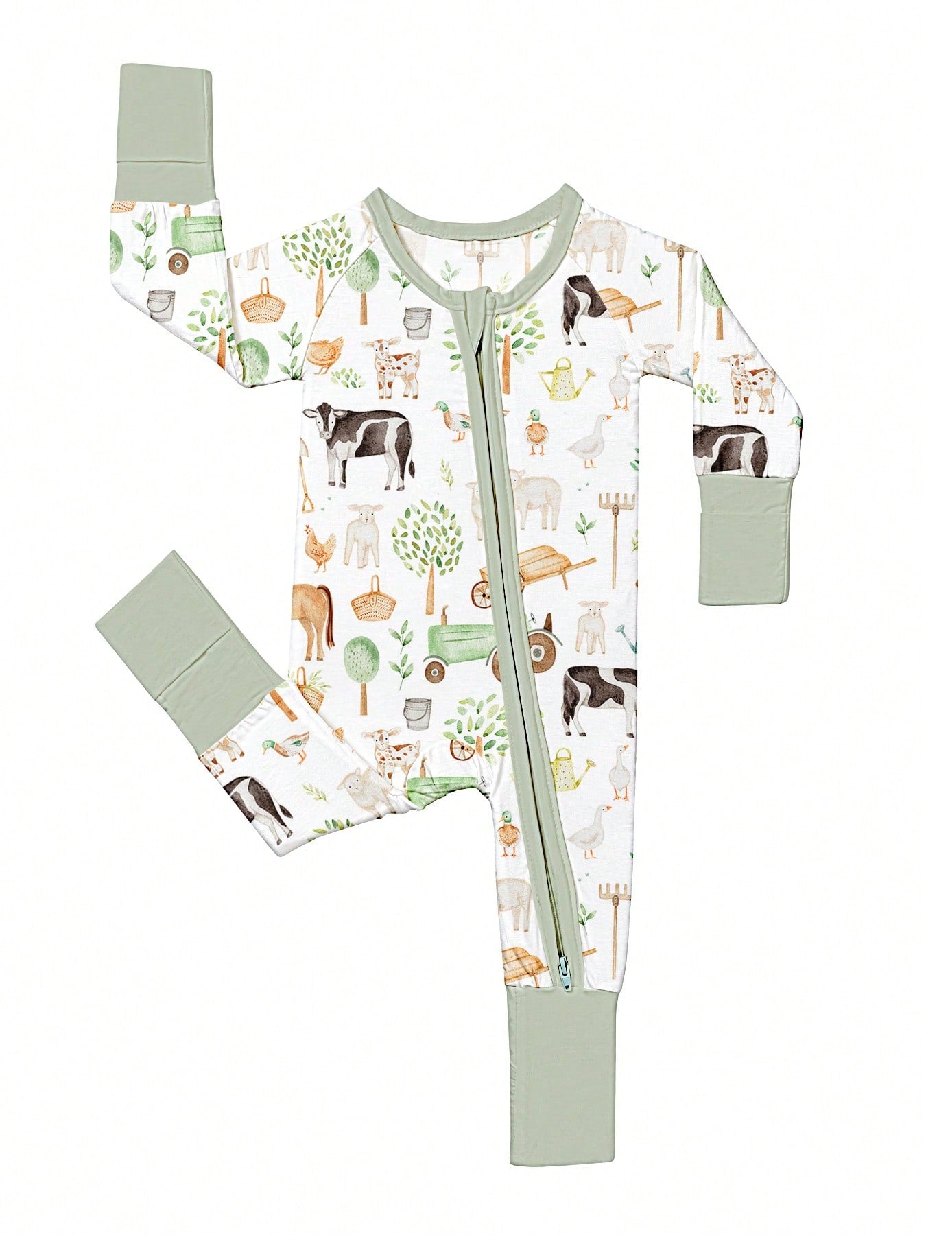 VISIKIDS Baby Bamboo Viscose Farm Animal Print Long Sleeve 2-Way Zip Up Romper, One Piece Outfit For Newborn Infants 0-24M, Sage Green