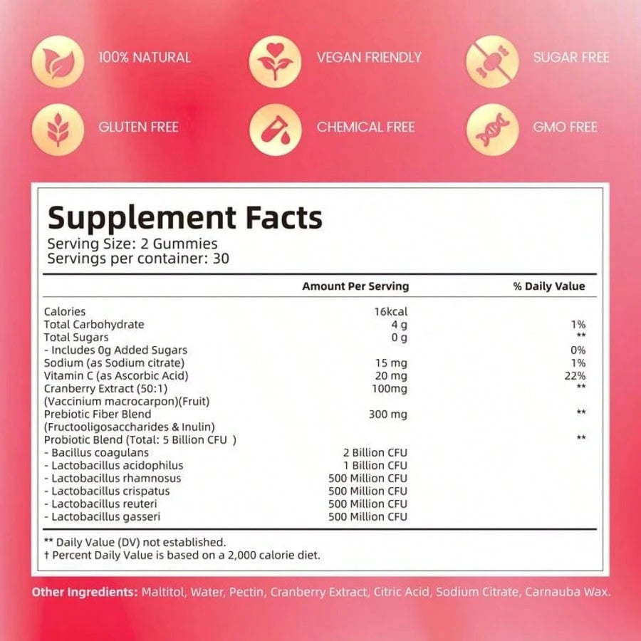 VPOAJ Cranberry Probiotic Gummies| Targeting Body Odor, Women's Health, And Body Balance| Vegan (60 Gummies Per Pack)