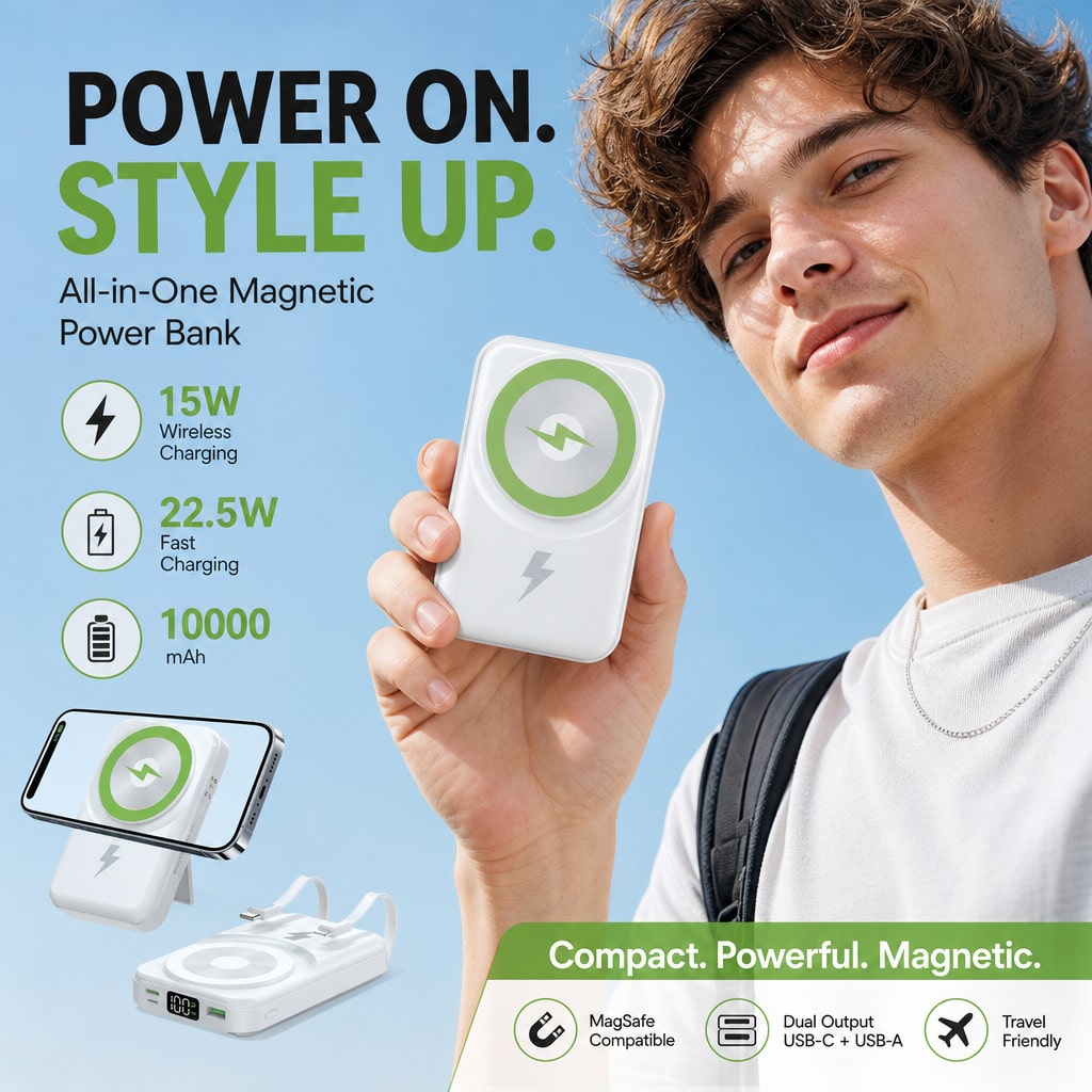 White 10000mAh Wireless Power Bank With Green Magnetic Ring And 22.5W Fast Charging, Featuring A Visible Power Percentage Screen, Green Ring Detail And Rear Fold-Out Stand, Compatible With Magnetic Ph