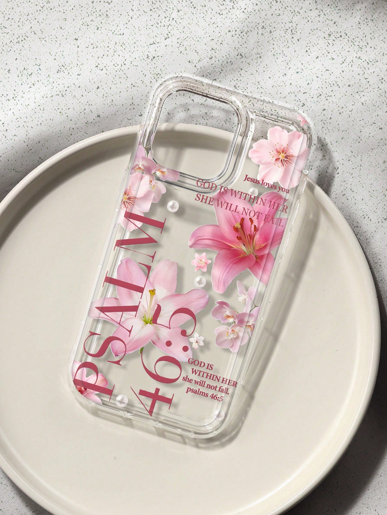 White & Pink Floral Fashion Faux Pearl Goddess Lily Pattern Psalm 46:5 Shockproof Phone Case, Compatible With IPhone 16/11/12/13/14/15/15 Pro/15 Plus/15 Pro Max/7 Plus/8 Plus/X/Xs Max/Xr/11 Pro/12 Pro