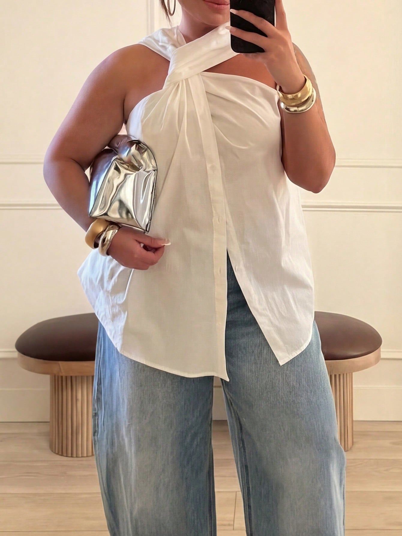 Women's Asymmetrical Twist Neck Halter Sleeveless Top White Summer