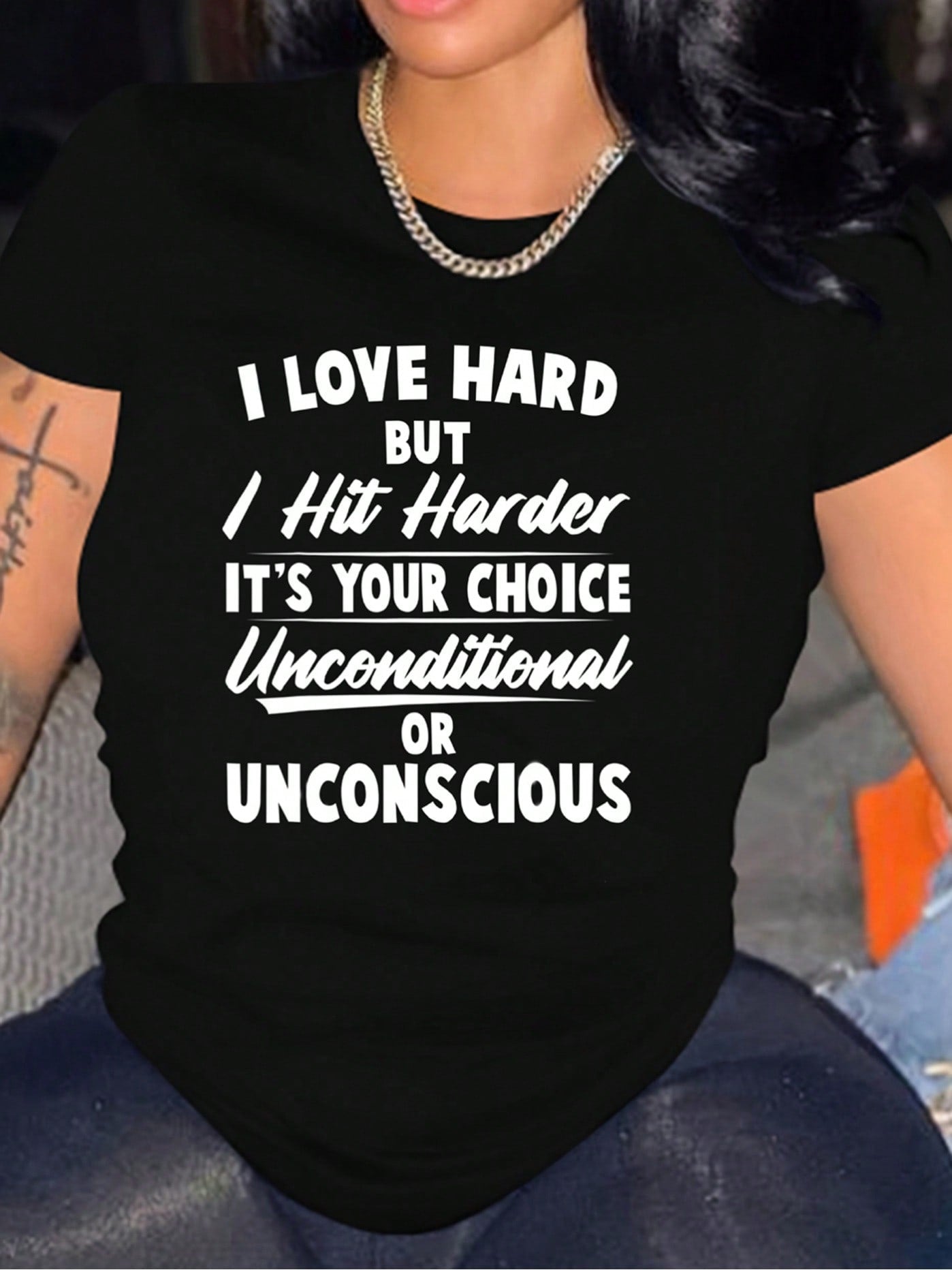 Women's Casual Crew Neck T-Shirt With "I Love Hard But I Hit Harder" Quote, 100% Polyester Knit Fabric, Regular Length, Alphabet Pattern- Spring/Summer/Fall Fashion