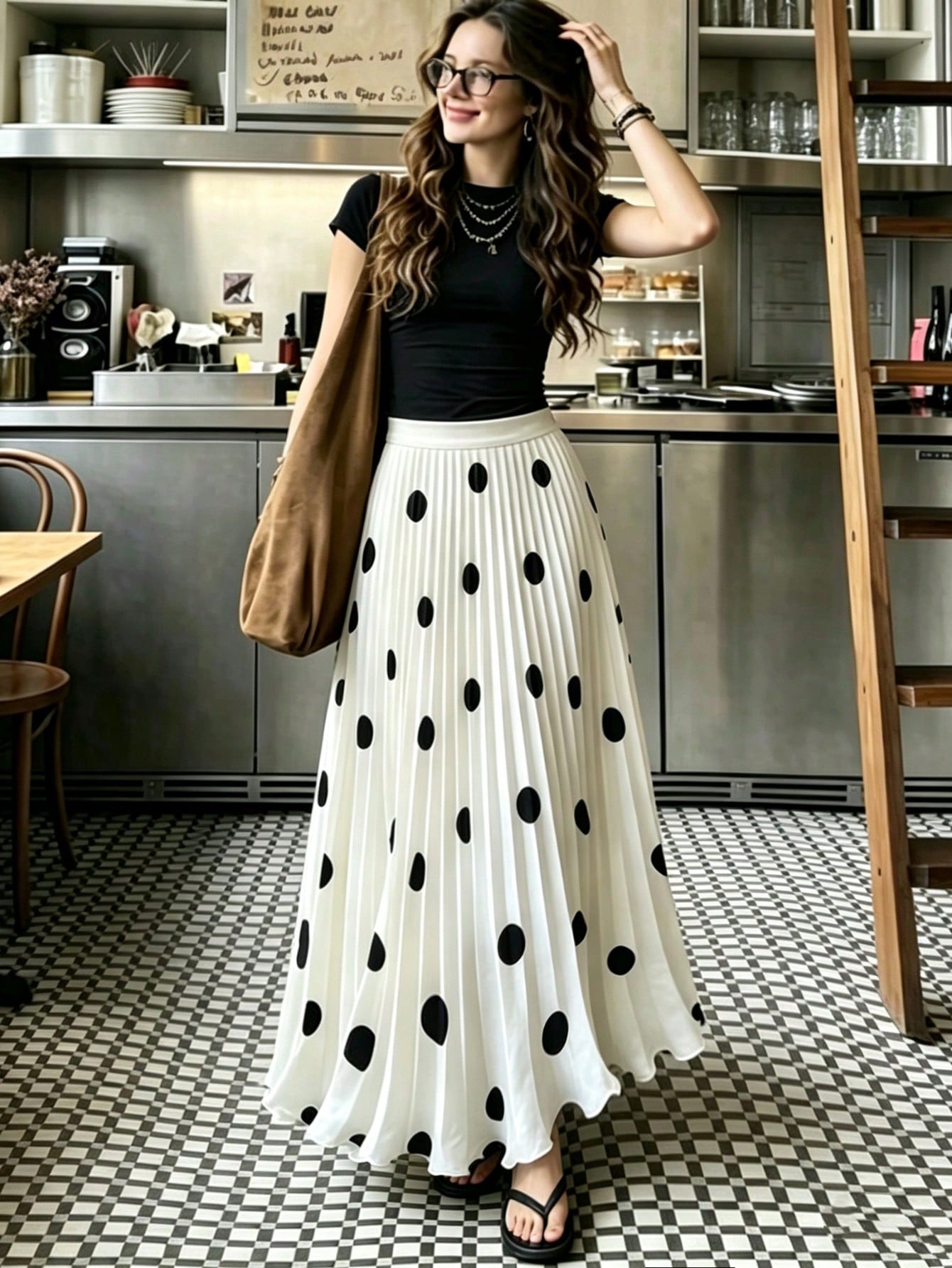 Women's High-Waisted Pleated Romantic Polka Dot Black & White Long Skirt, Elegant For Work, Casual, Beach, Resort, Afternoon Tea, Home Comfort, Young Style, Spring/Summer New Arrival
