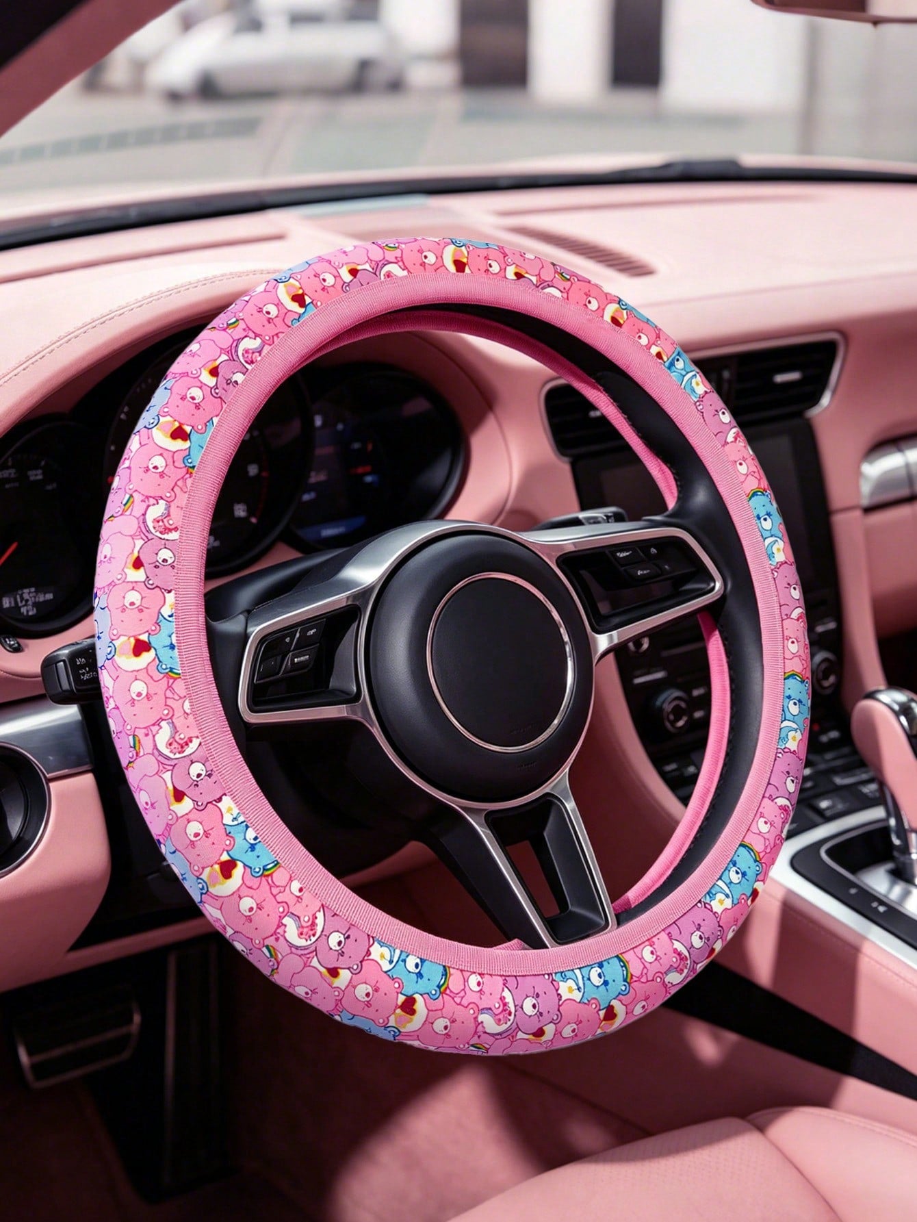 X Care Bears Cute Bear Print Steering Wheel Cover, 15 Inch Universal Non-Slip Elastic Car Steering Wheel Protector, Soft Breathable Pink Rainbow Bear Pattern Car Interior Accessories For Women G