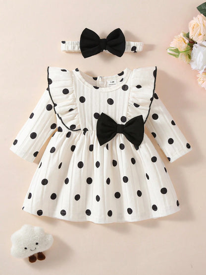 0-9 Months Newborn Baby Girl Black & White Polka Dot Bow Long Sleeve Dress, Ribbed Knit Ruffle Hem Princess Dress, Autumn/Winter Layering Outfit For Photos, Outings And Gifts