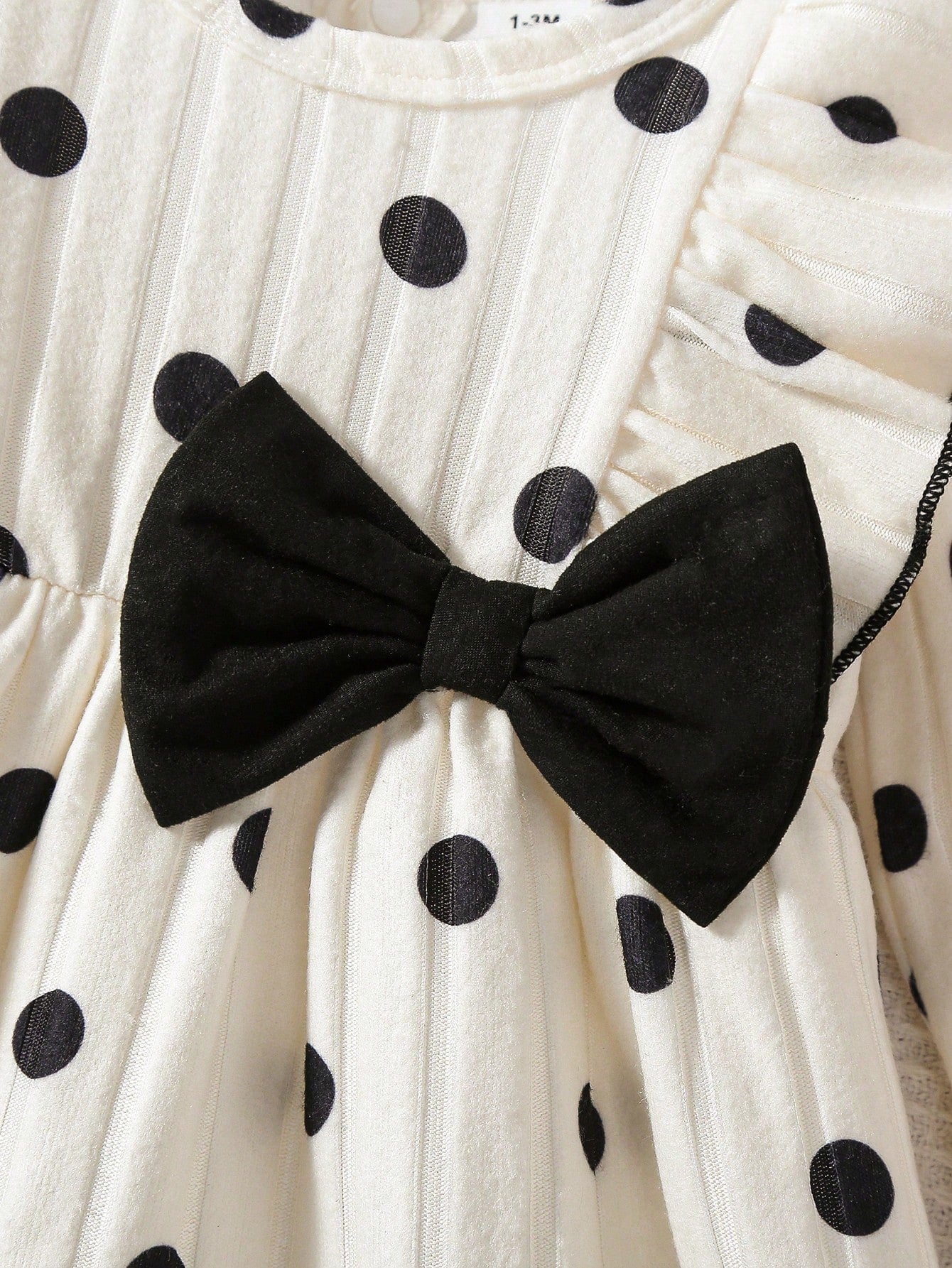 0-9 Months Newborn Baby Girl Black & White Polka Dot Bow Long Sleeve Dress, Ribbed Knit Ruffle Hem Princess Dress, Autumn/Winter Layering Outfit For Photos, Outings And Gifts