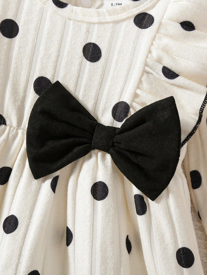 0-9 Months Newborn Baby Girl Black & White Polka Dot Bow Long Sleeve Dress, Ribbed Knit Ruffle Hem Princess Dress, Autumn/Winter Layering Outfit For Photos, Outings And Gifts