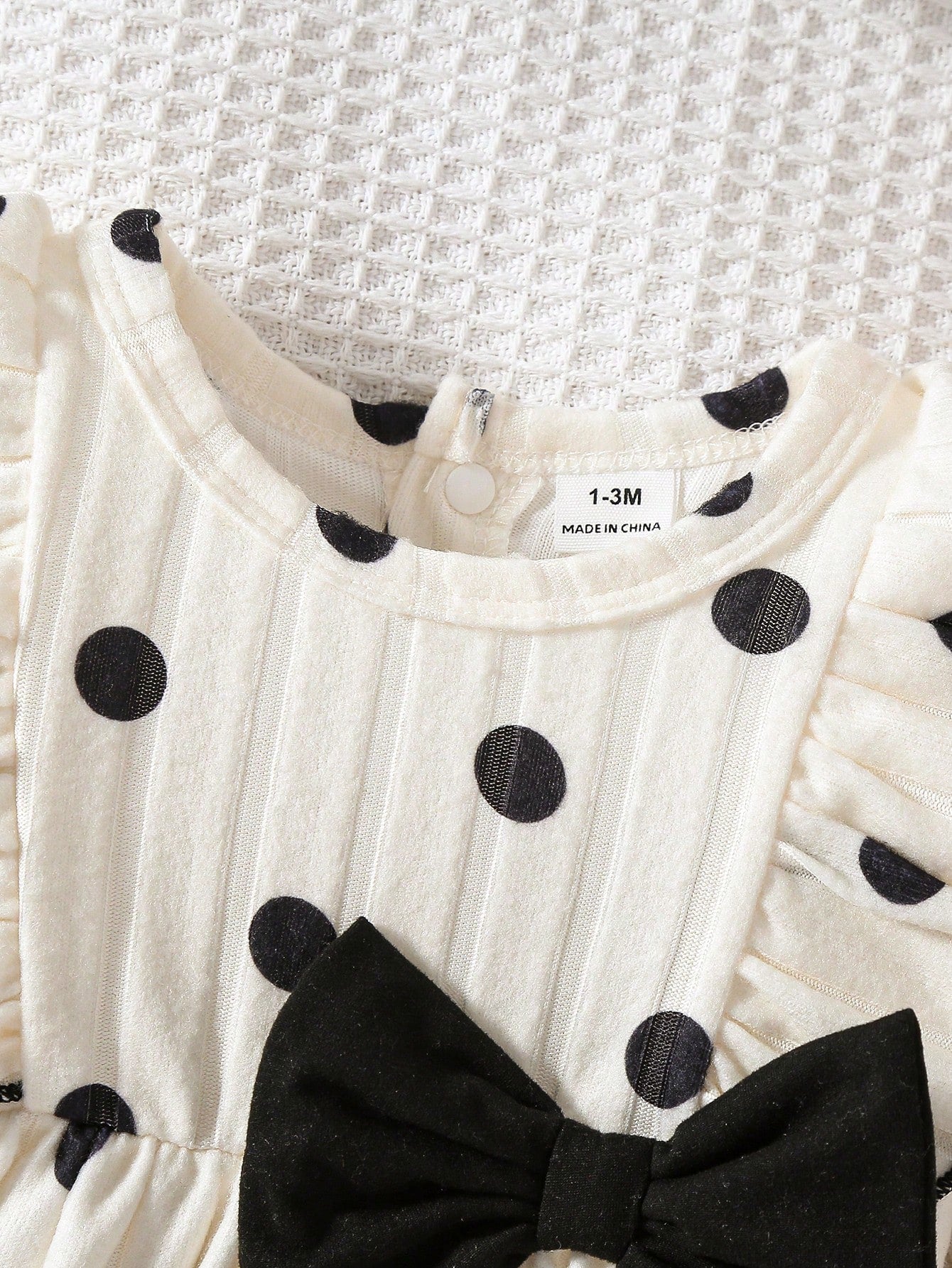 0-9 Months Newborn Baby Girl Black & White Polka Dot Bow Long Sleeve Dress, Ribbed Knit Ruffle Hem Princess Dress, Autumn/Winter Layering Outfit For Photos, Outings And Gifts
